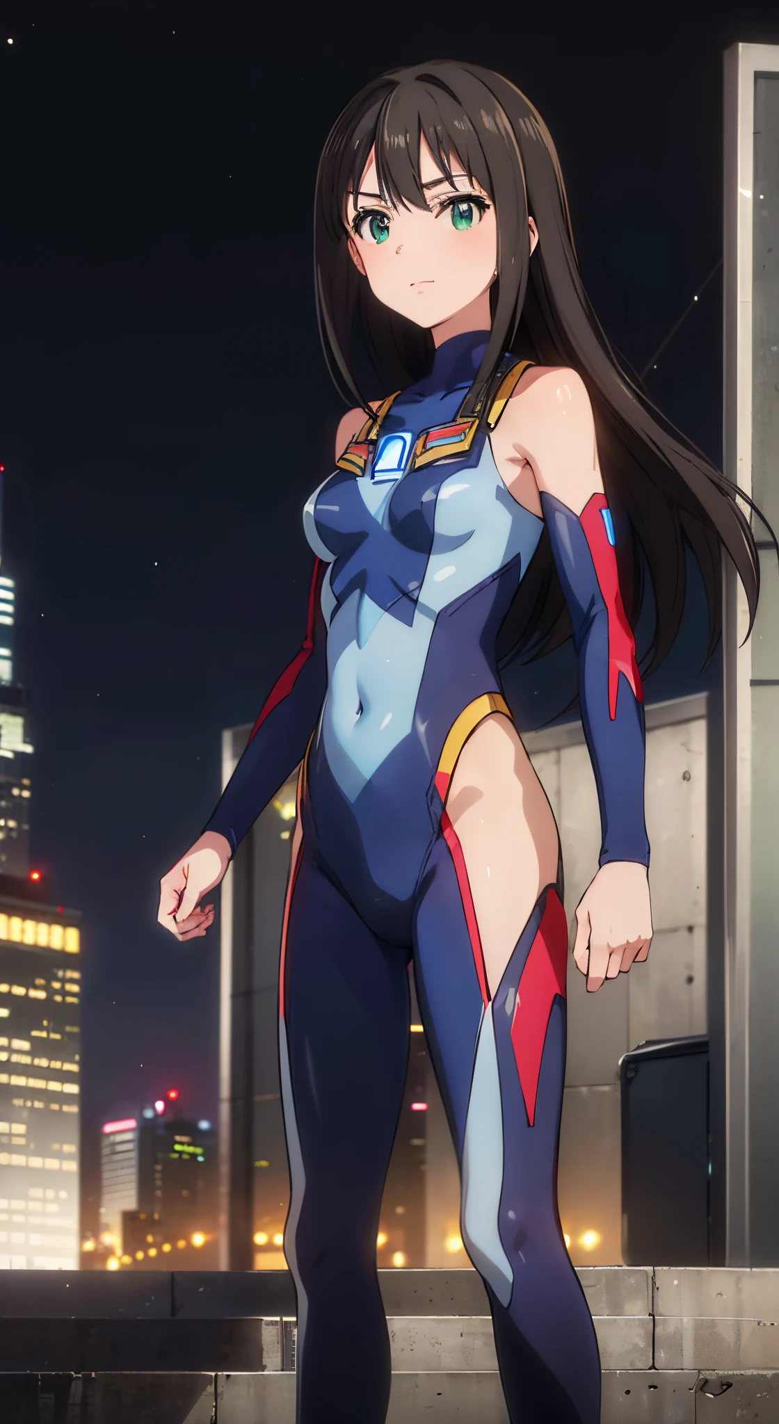 (​masterpiece、top-quality、in 8K、hight resolution:1.2)、Alone、1girl in、 Rin Shibuya、taut clothes、cowboy  shot、Look at viewers、A slight smil、Hero Suit、body suit、tight suits、Trained abs、Trained biceps、(nffsw :1.0）、 ultraman bodysuit、glowing gemstone on the chest、（Buildings:1.2)、nighttime scene