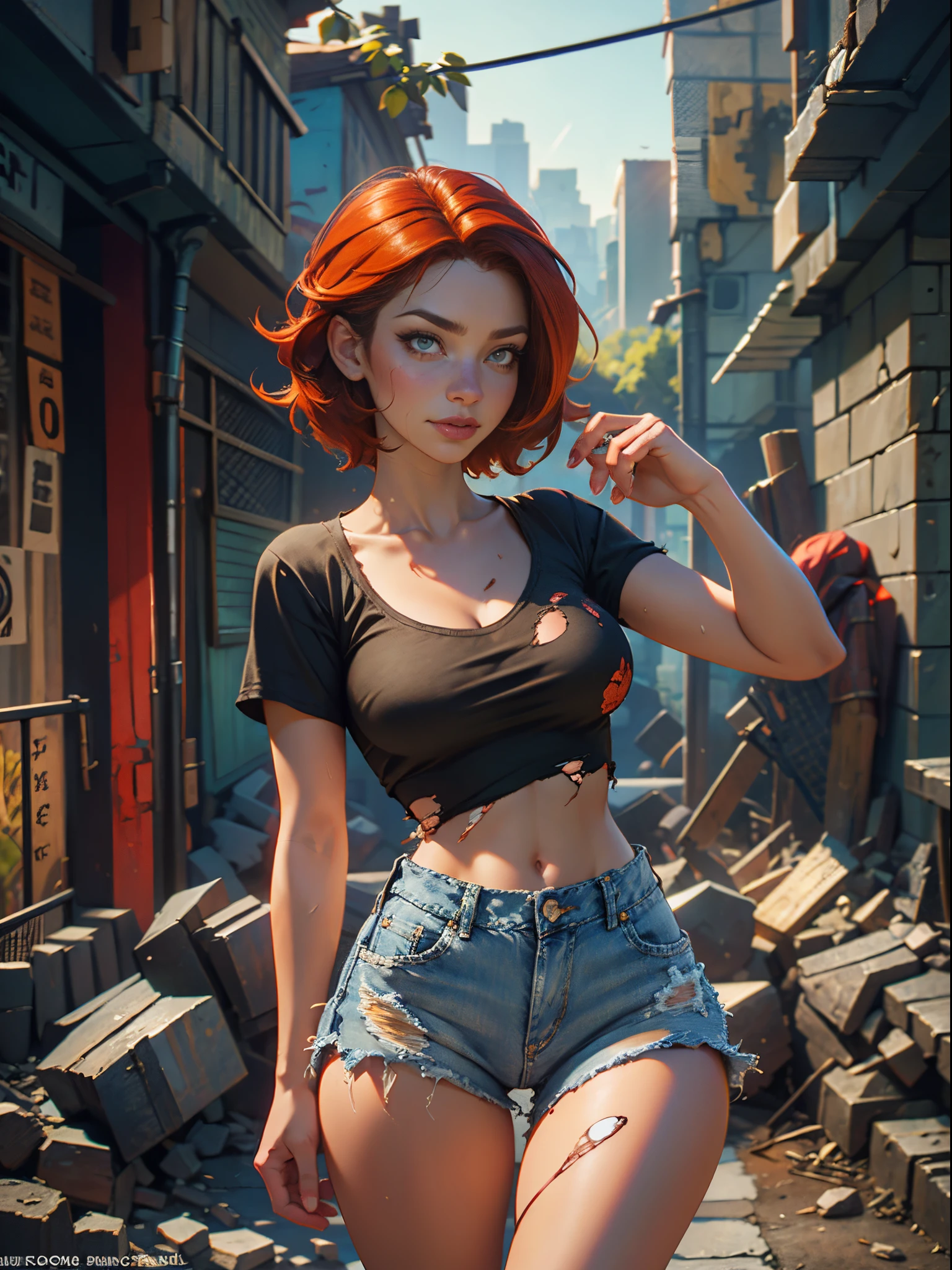 2076 year. The Urban Ruins of the Wasteland, Female huntress picking fruit in the garden, beautiful face, red hair, badly torn shirt and denim shorts , long legs, sweating through, sun rising, Nice warm colors, head to toe full body shot