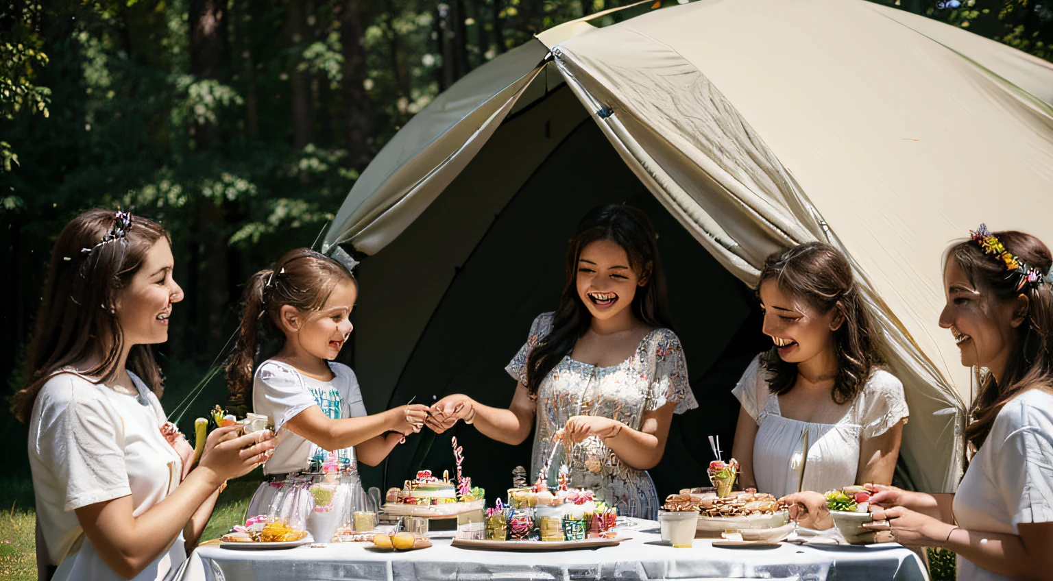Inside the camping shed，Birthday parties， girl blows out candles on birthday cake，Accompanied by my mother and classmates，Smiling，The long table is filled with snacks and cakes，Dad puts out a flower tube to salute，Wide-angle telephoto lens