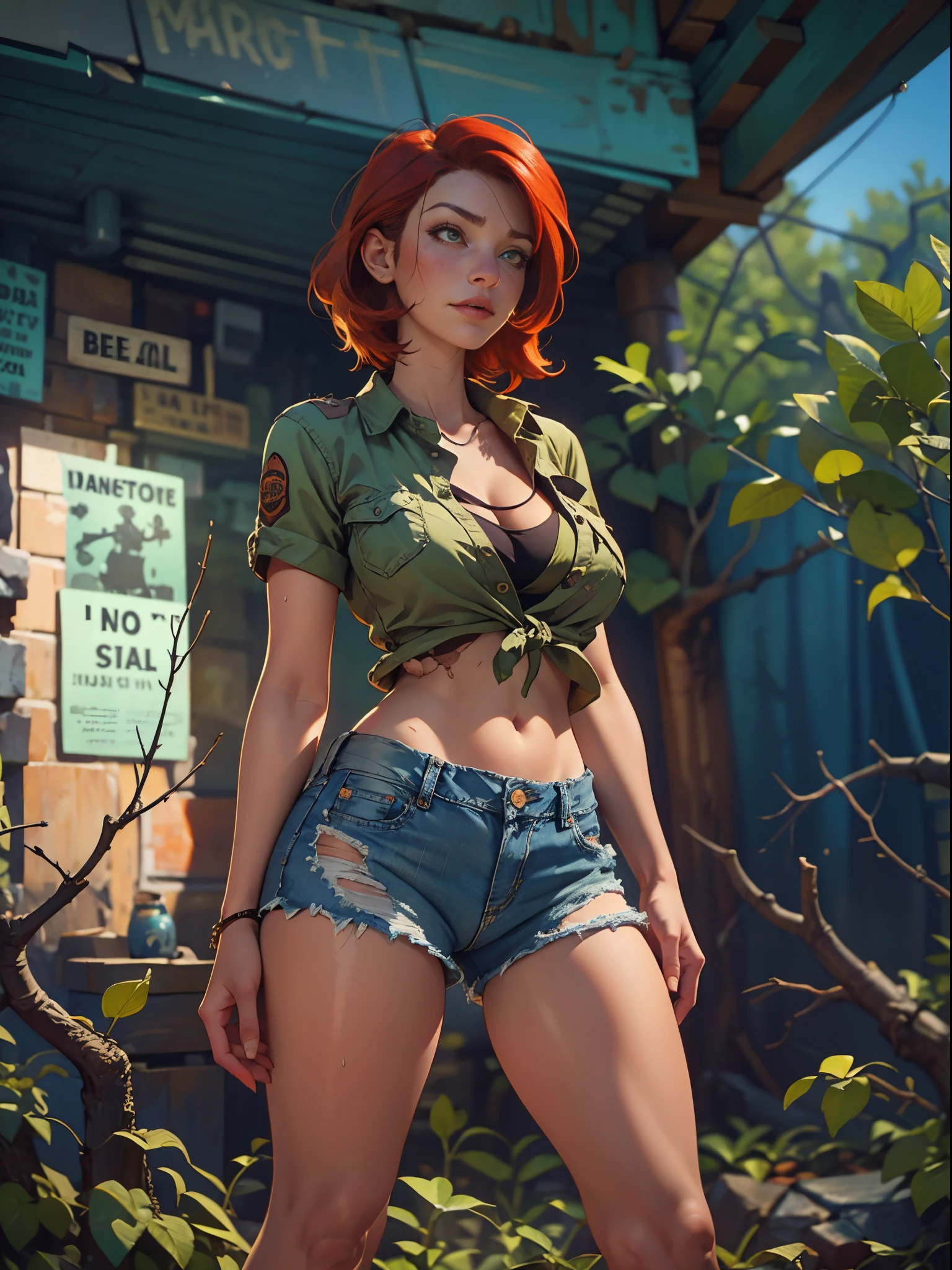 2076 year. The Urban Ruins of the Wasteland, Female huntress picking fruit in the garden, beautiful face, red hair, badly torn shirt and denim shorts , long legs, sweating through, sun rising, Nice warm colors, head to toe full body shot