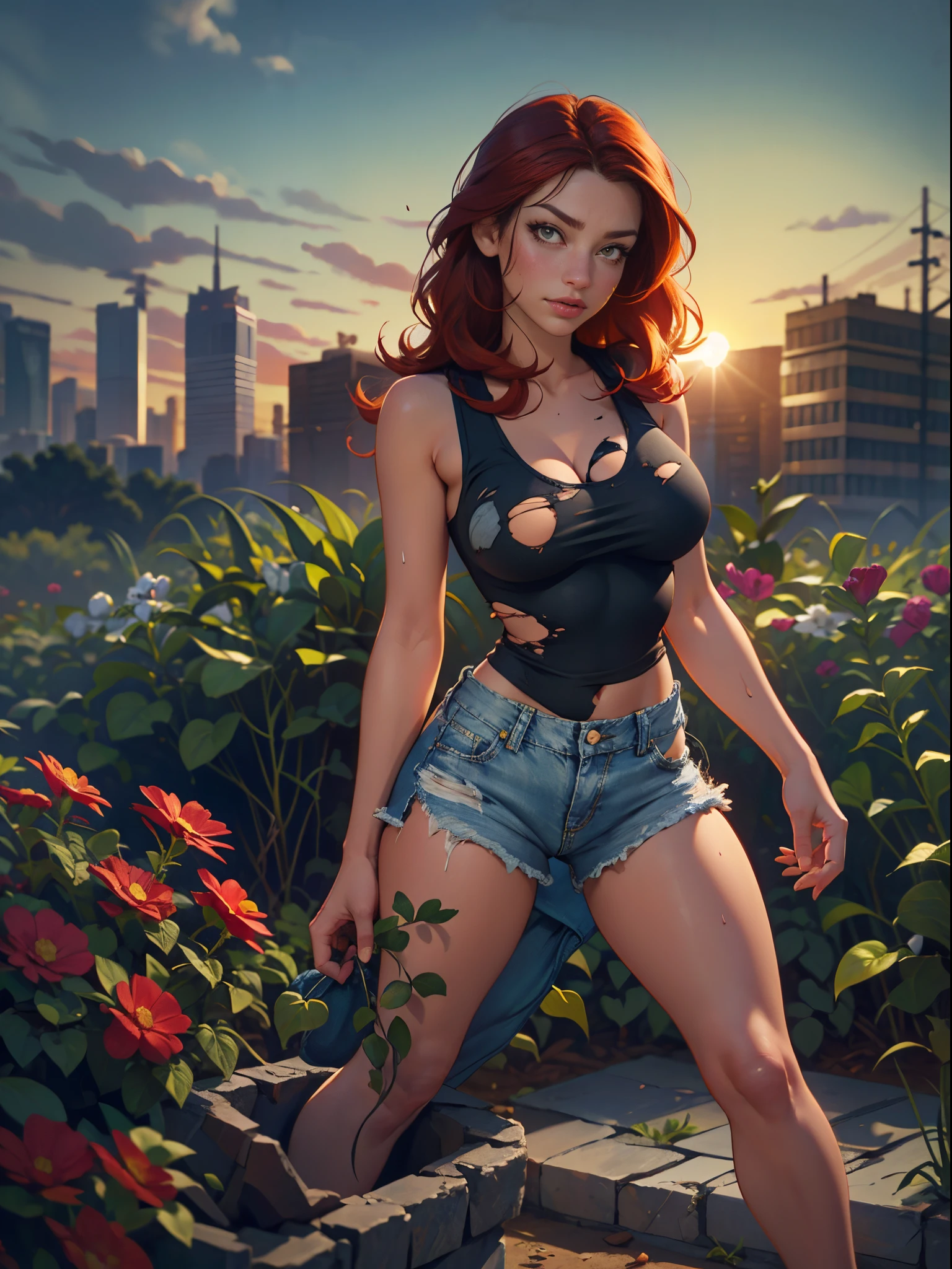 2076 year. The Urban Ruins of the Wasteland, Female huntress picking fruit in the garden, beautiful face, red hair, badly torn shirt and denim shorts , long legs, sweating through, sun rising, Nice warm colors, head to toe full body shot