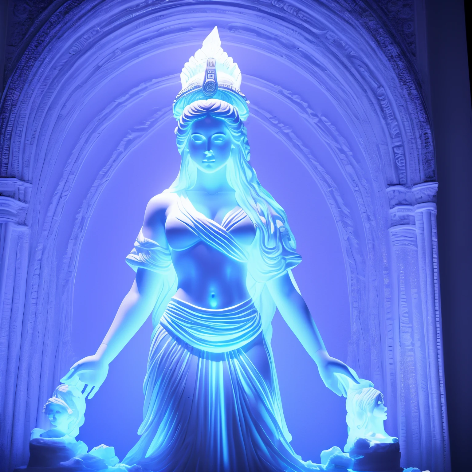 masterpiece, White statue of a beautiful goddess illuminated by black light, a work of art, dark room