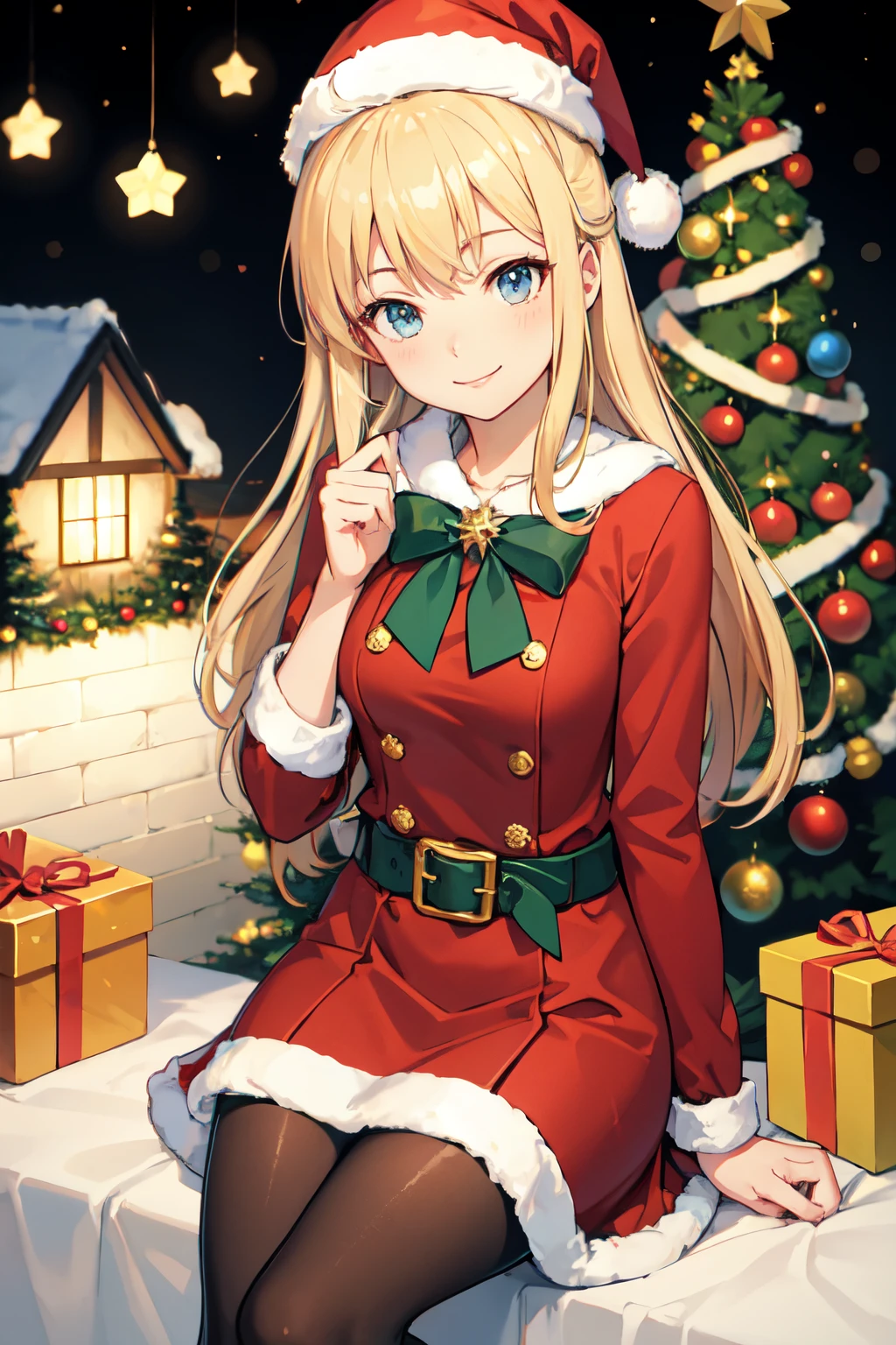 Anime beauty, smile, blond hair, stockings, bright, Christmas atmosphere, Christmas tree, ((Highest Quality))