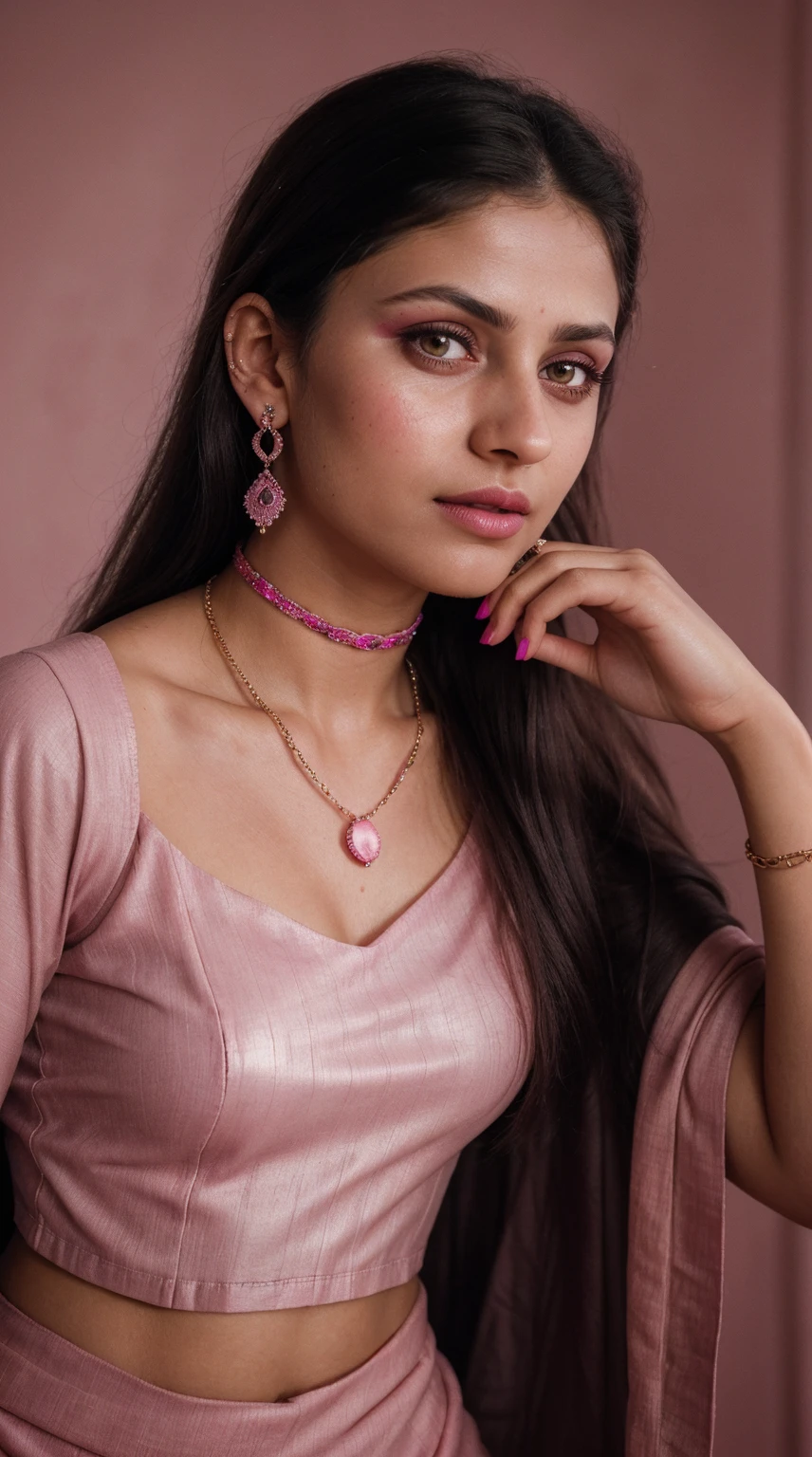 Indian treditional Salwar Kameez dark pink color, solo girl, (RAW photo, realism: 1.8), (very dark pink lip gloss, jet dark pink lipstick, realistic eyelashes, dark brown eye shadow, shy, blushing, high quality, high resolution, depth of field, chromatic aberration, caustic, wide light, natural colors, 19 year old girl), necklaces, chokers, earrings, nose pin, bracelets, soft skin, fair pink skin, small breasts size, oily shine skin, slime nose, soft skin,