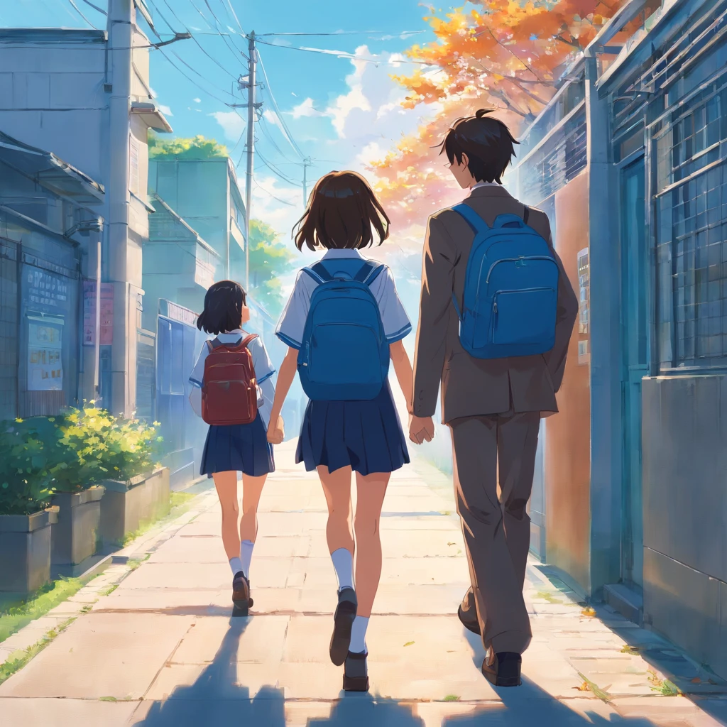 "A  boy and girl, both in high school uniforms, walking side by side under a bright blue sky on their way to school. The scene captures them from behind, creating an emotional atmosphere as they engage in a morning conversation.