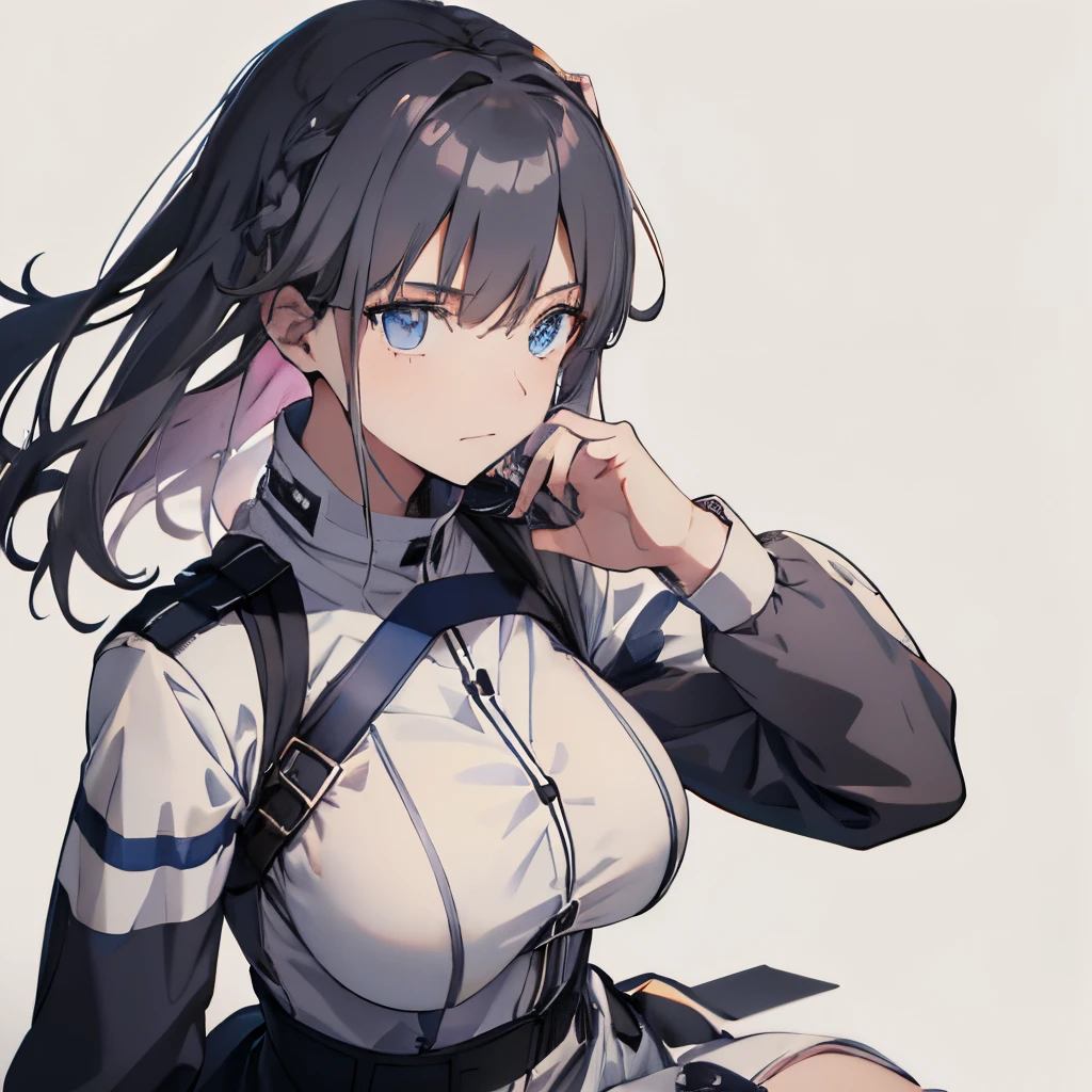 (masutepiece:1.2, Best Quality), 1 girl in, Blue eyes, jet-black hair, Pink inner hair, military uniform,(Gray white background:1.5),Full body,Big Breast,