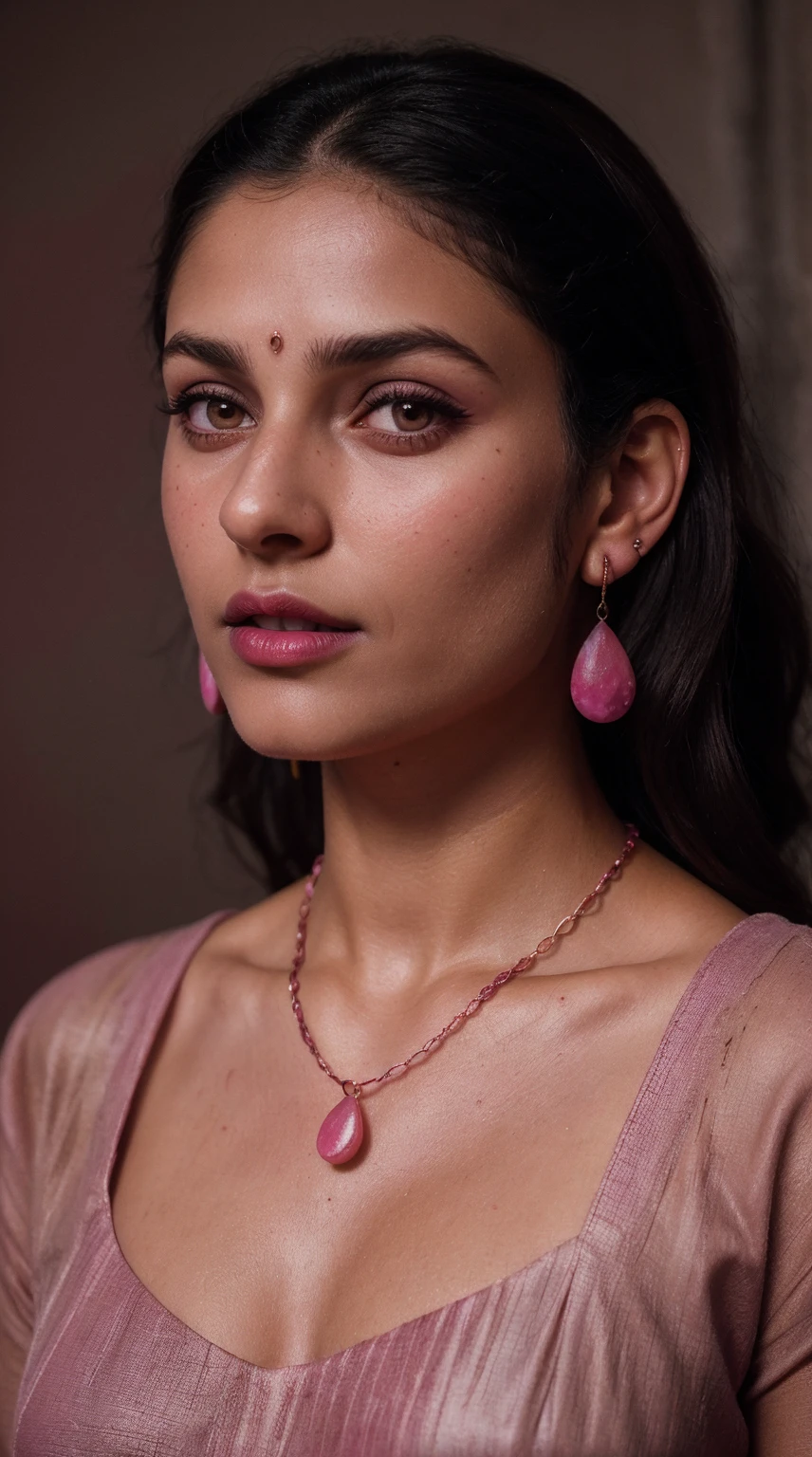 Pink Indian Saari blouse , (RAW photo, realism: 1.8), (very dark pink lip gloss, jet dark pink lipstick, realistic eyelashes, dark brown eye shadow, shy, blushing, high quality, high resolution, depth of field, chromatic aberration, caustic, wide light, natural colors, 30 year old woman), necklaces, chokers, earrings, bracelets, wear delicate accessories, soft skin fair pink skin, small breasts size, oily shine skin, slime nose soft skin, wears small golden nose pin,