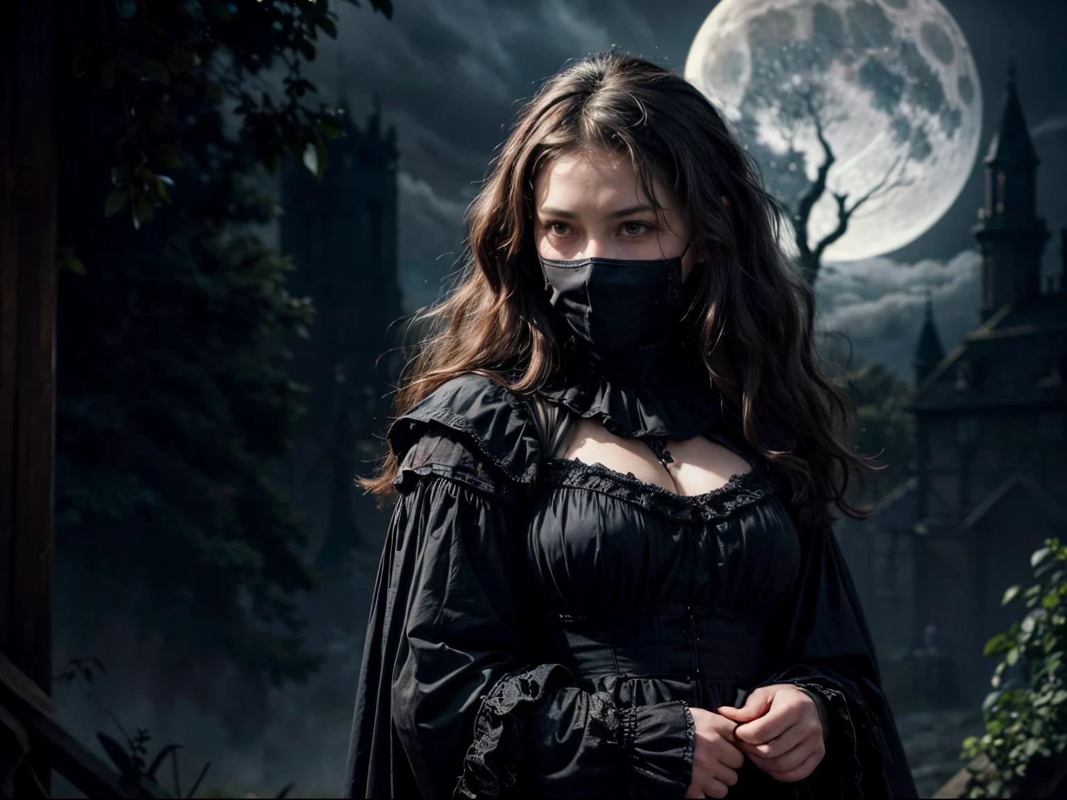(??% of photo is black in drawing:1.4), (detailed fabrics:1.2), (early sunrise light:0.5), (Rembrandt lighting:1.3)the full figure of a dark fully draped female with a pale white oval mask on, glides through a gothic landscape, her black boots support her body, she runs towards a small cottage in the distance, the cottage has a single window lit in the darkeness, mix 4, realistic, photo_\(medium\), solo, (masterpiece), (photorealistic: 1.3), ultra detailed, (high detail) skin: 1.2), (best quality: 1.0), (ultra high resolution: 1.0), (Orchan-6500: 0.3), wavy detailed hair, long dark hair, moon light blue, (beautiful detailed drapery and mask), (grey and moody: 1.0), mysterious haunting scene, movement captured of flowing drapery, (an extremely delicate and beautiful)), solo female、masterpiece、ultra detailed, accent lighting, high resolution、Farbe々Color、(grey clouds, dead trees, gothic castle ruins, spooky and eerie)), (strong presence )、a beautiful darkness (Highly detailed skin:1.2)、looking at the camera、(blushing_ embarrassed, drooling, aroused)、beauty, Digital SLR, Soft lighting, High quality, FujifilmXT3、Film Lighting、Dramatic、Taken behind branches, dark foreground that focuses camera to dark draped figure of woman, William-Adolphe Bouguereau painterly landscape, trance, attractive、A lovely smilel、having good time, date、quickie, entranced, flirting fun with me., cozy playful, (intimate relaxed style photoshoot)