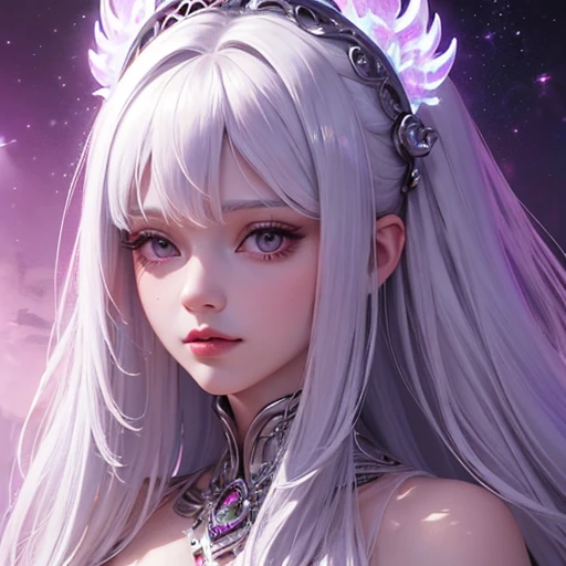 (master piece), close up, highlighting half body, close up of a woman with long hair, curly hair, (white hair), and a purple dress, Anime Girl with cosmic hair, beautiful digital art, beautiful digital art, beautiful ( purple garment) beautiful digital art, Beautiful Art UHD 4K, beautiful digital art, illuminated, (atmospheric lighting), Highly detailed 4k digital art, beautiful fantasy art portrait, beautiful fantasy art, fantasy digital art, Goddess of the Galaxies, detailed skin, face details, ((platinum hair))Digital art, ((character concept)) detailed in 4k, detailed beautiful face.