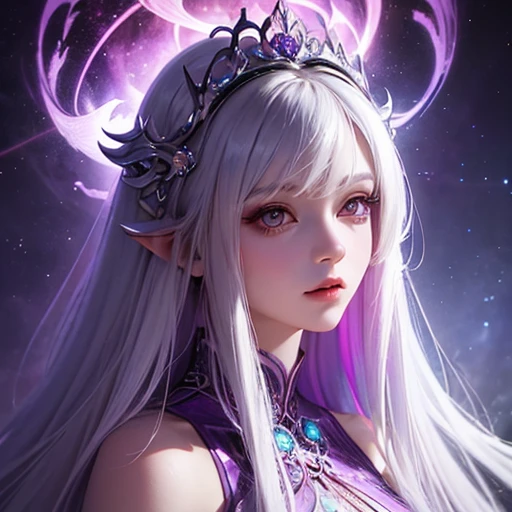 (master piece), close up, highlighting half body, close up of a woman with long hair, curly hair, (white hair), and a purple dress, Anime Girl with cosmic hair, beautiful digital art, beautiful digital art, beautiful ( purple garment) beautiful digital art, Beautiful Art UHD 4K, beautiful digital art, illuminated, (atmospheric lighting), Highly detailed 4k digital art, beautiful fantasy art portrait, beautiful fantasy art, fantasy digital art, Goddess of the Galaxies, detailed skin, face details, ((platinum hair))Digital art, ((character concept)) detailed in 4k, detailed beautiful face.