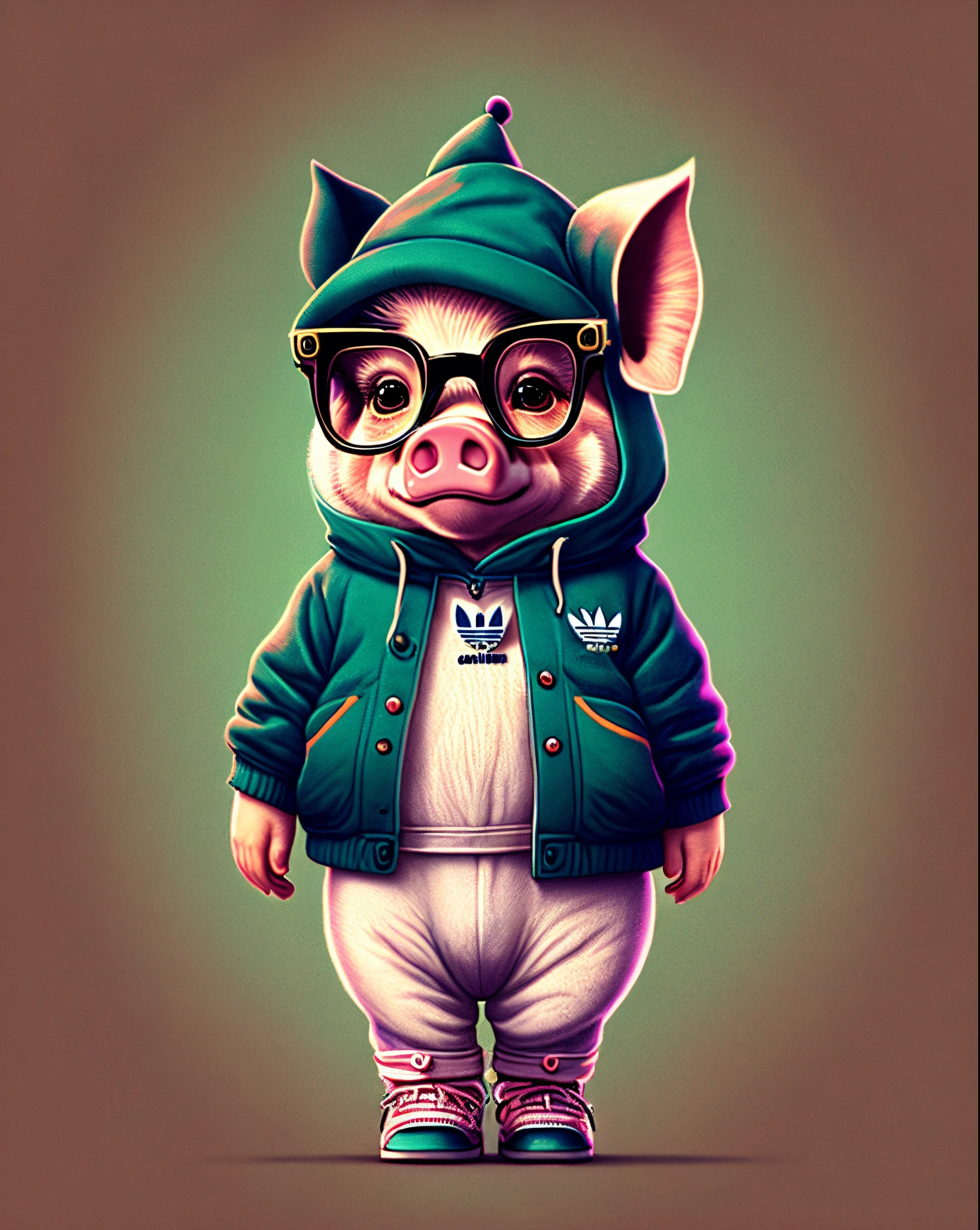 A little pig in an adidas firebird standing on 2 legs with glasses in cartoon style