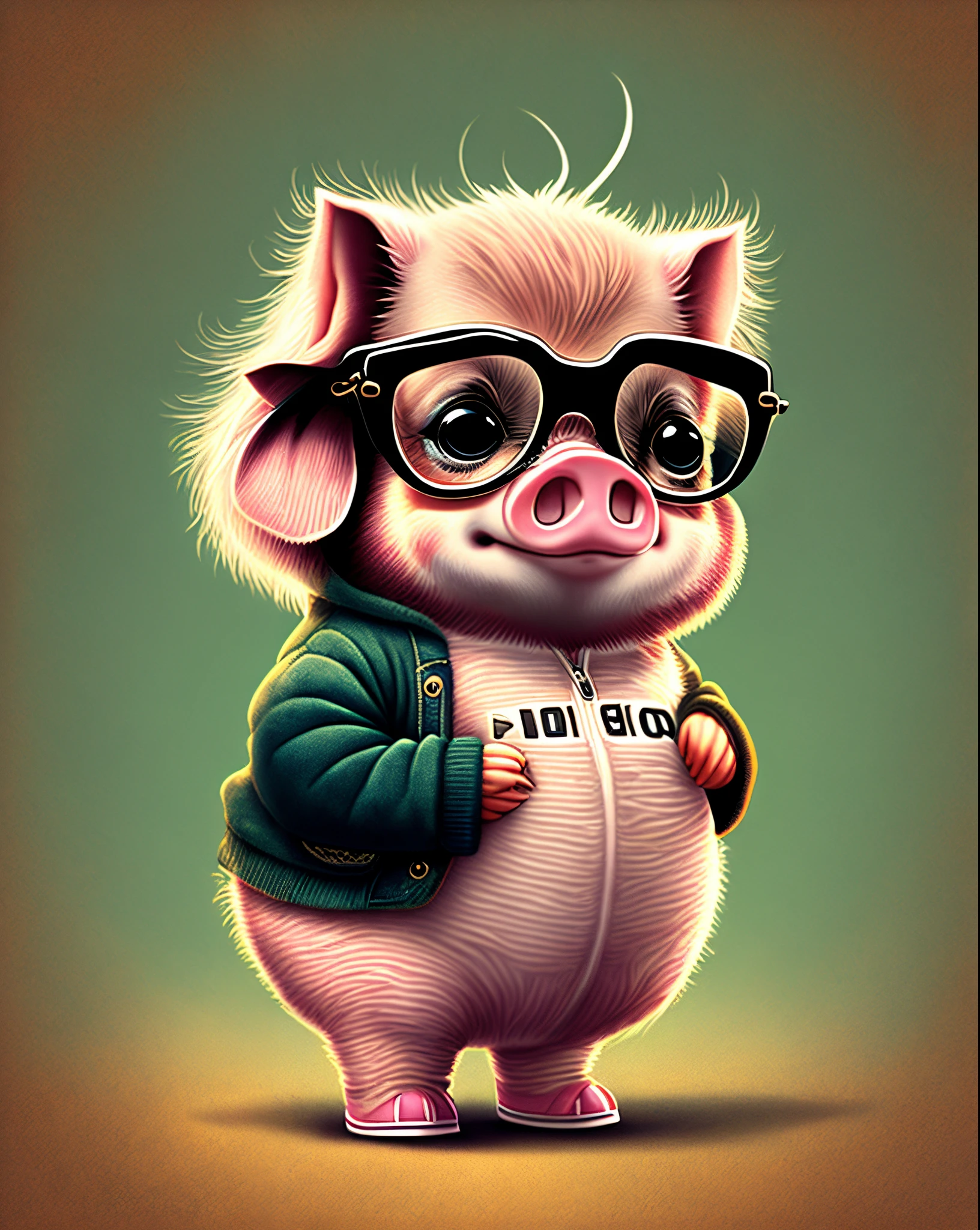 A little pig in an adidas firebird standing on 2 legs with glasses in cartoon style