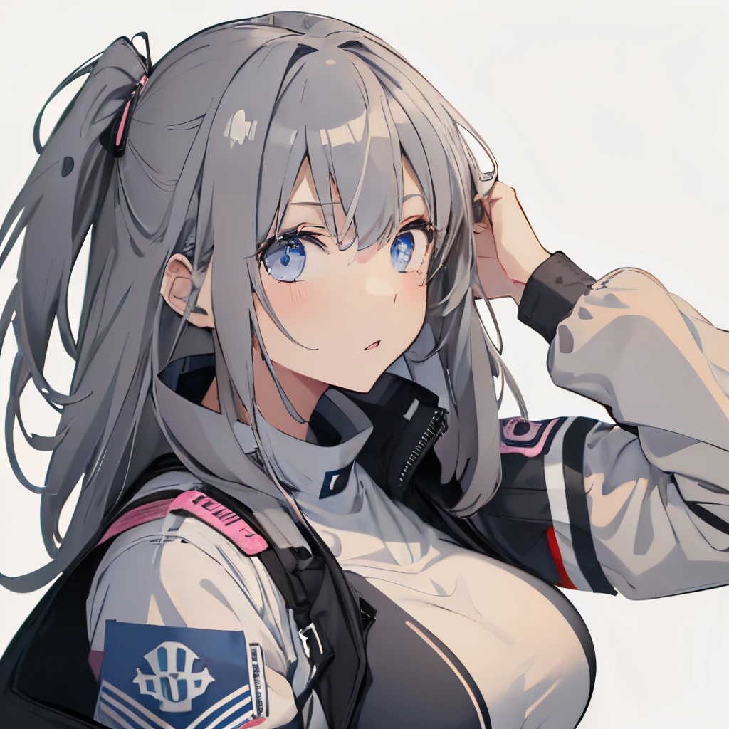 (masutepiece:1.2, Best Quality), 1 girl in, blue eyes, jet-black hair, pink inner hair, military Jacket,(Gray white background:1.7),full body,big breast,