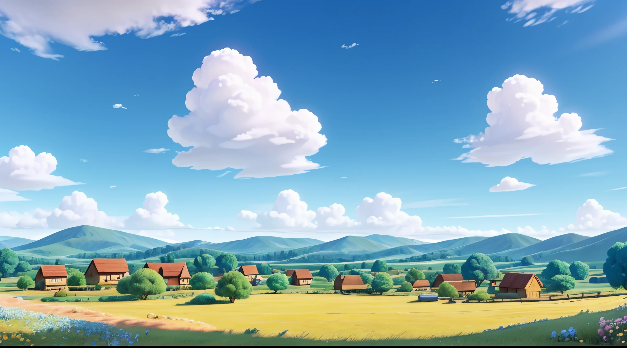 blue sky landscape beautiful pixar style happy, cozy, comfortable, adorable, cute, white clouds, poof, fun