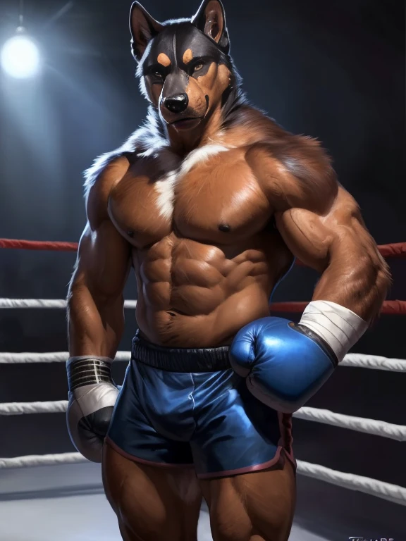 muscular anthro dog wearing fist wraps 4k, high resolution, best quality, perfect colors, perfect shadows, perfect lighting, posted on e621, furry body, solo, anthro dog (rottweiller/husky mix) , male, adult, masculine, (heavily muscular:1.2), bare torso, correct anatomy, (photorealistic fur, detailed fur, epic, masterpiece:1.2), (detailed gym background, nighttime), sexy shadows, (by Taran Fiddler, by Traver009, by Chunie), (boxing shorts:1.2), (detailed eyes:1.2), sweaty, shiny fur, posing for the camera, bodybuilder, confident, large pectorals, sexy, full body, fighting stance