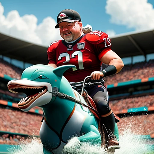 Andy Reid riding the Dolphins mascot
