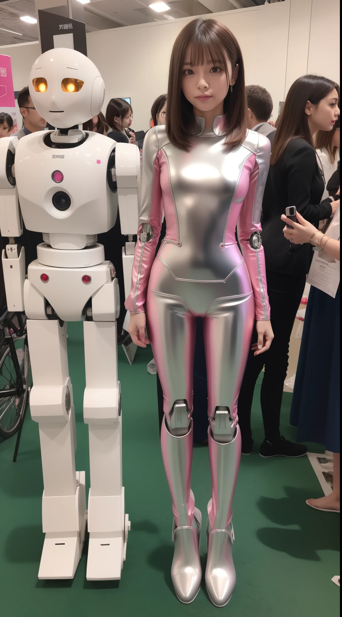 Robot Girl, pink there, Silver, Metallic body, Robot Parts, Metal Parts, Super Detailed Face, Super well-formed face, of the highest quality, a small face, a small head, Brown hair, Slender body, Camera gaze, Internal Mechanical Exposure, Idol, front facing, Well-proportioned body, sale, Exhibited, Event Hall, Moe Pose, pink metallic job interview suit machine armor, Standing with legs open, Model body type, sad, Embarrassing,(Perfect Robot Girl),(Perfect machine body)