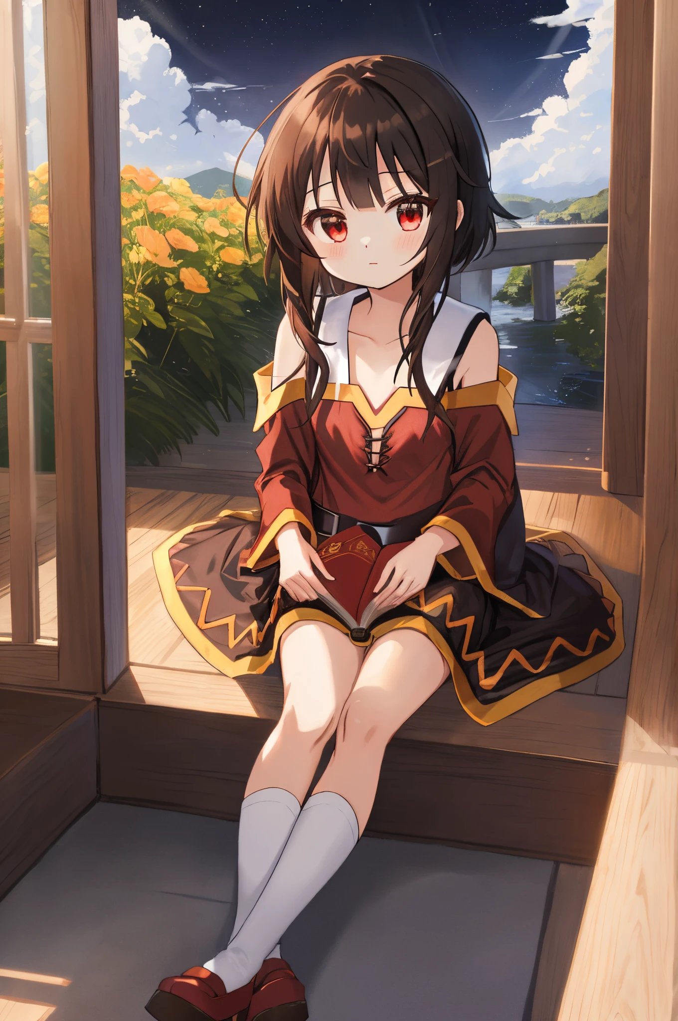 1girl (Megumin)em、only one、saia pelo、cabelo castanho curto、red eyes、saia branca、A camisa、saia plissada、comprimento do cabelo、sentado;、roupas escolares、camisa branca、manga comprida、sapato branco、colar de marinheiro、Ryōbi、Ao ar livre、Bancos、loop tape、Floral、meias、sapato、red bows、meia branca、Serafuku、flores vermelhas、Branco Cor do Marinheiro、red bows、architectural、franja、Serafuku branco、uma minissaia、dia、fechaduras laterais、coxas coxas coxas coxas coxas, noite, vagalumes, ceu estrelado, lua, Japan.