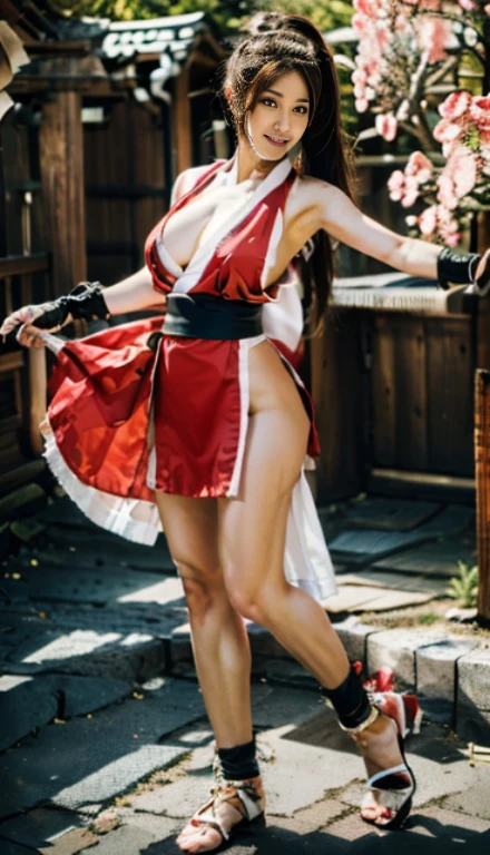 mai shiranui, Brown eyes, Full body portrait,  Standing, Full body, Prestige, Long hair, Brown hair, White ribbon, Sleeveless, poneyTail, sash, pelvis curtain, arm guards, mitts, tabi, fascinated expression, Sexy eyes, medium breasts, Smile, Cute, view the viewer, Long hair, Close to Japan temple, (breasts focus:1.2), (Realistic:1.2), (Full Shot: 1.2), (Realism), (masutepiece:1.2), (Best Quality), (ultra-detailliert), (8K, 4K, Convoluted), (85 mm), light Particle, Lighting, (Highly detailed:1.2), (Detailed face:1.2), (gradients), SFV, Colorful, (Detailed eyes:1.2), (Detailed temples of Japan: 1.2),(Detailed background), (Dynamic Angle:1.2), (Dynamic Pose:1.2), (Line of action:1.2), Wide Shot, Daylight, Solo.