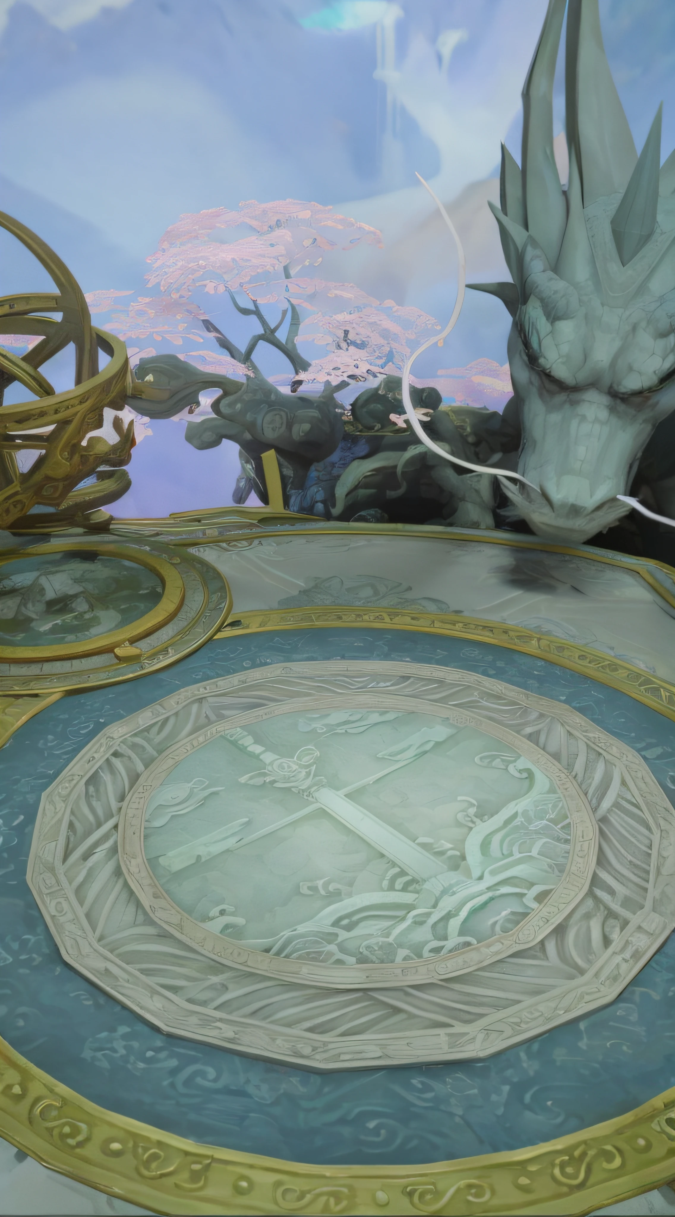 There is a dragon painting on the table,There is a clock on it, ornate border + concept-art, onmyoji detailed art, author:Kieran Youngner, Intricate details in the environment, 4K detail fantasy, 3D amazing details, Wow 4K details fantastic, detailed and complex environment, Extremely high level of detail, entrance to ethereal realm, 8K intricate details