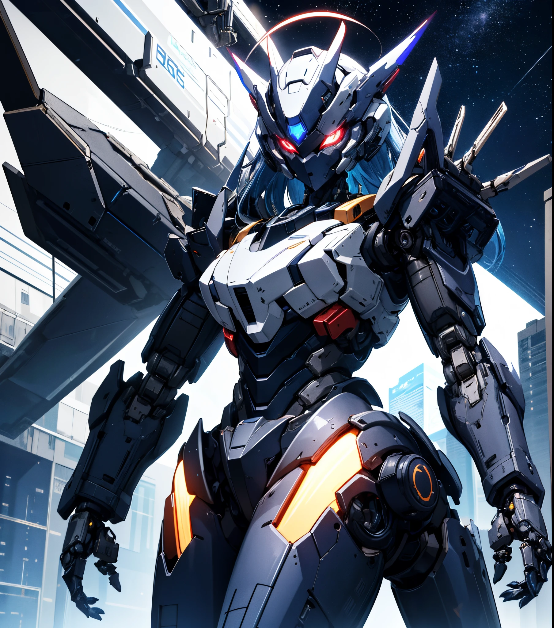 Protogen head, robot face, no mouth, Cipher Pol _Aigis_ Zero, helmet, blue, spacecraft interior, robot, dark blue hair, long blue hair, from below, low angle view, helmet, medium breasts, glowing eyes, spacecraft interior, robot, giantess,masterpiece,best quality,ultra-detailed,very detailed illustrations,extremely detailed,intricate details,highres,super complex details,extremely detailed 8k cg wallpaper,cowboy shot, caustics,reflection,ray tracing,demontheme,nebula,dark aura,cyber effect, (1girl:1.4),solo,alone,mecha musume,mechanical parts, robot joints,single mechanical arm, headgear, mechanical halo,star halo,intricate mechanical bodysuit, mecha corset, full armor, very long hair, colored inner hair, blue eyes,glowing eye,starry sky,skyline,