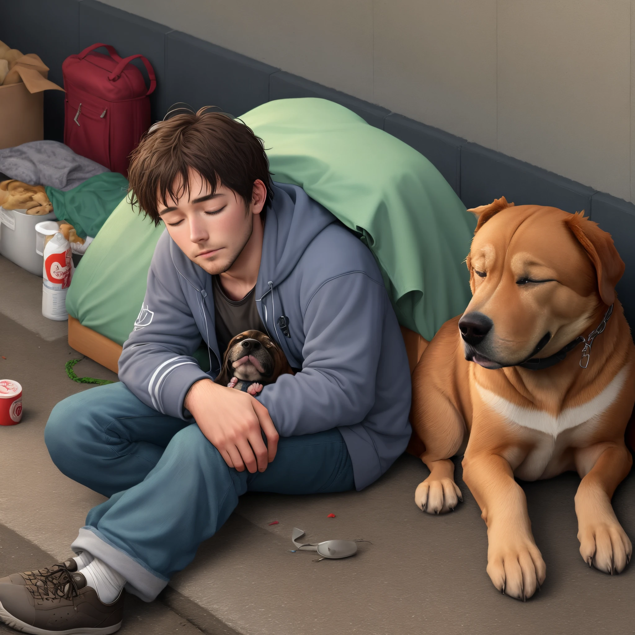 Poor man sleeping out with dog