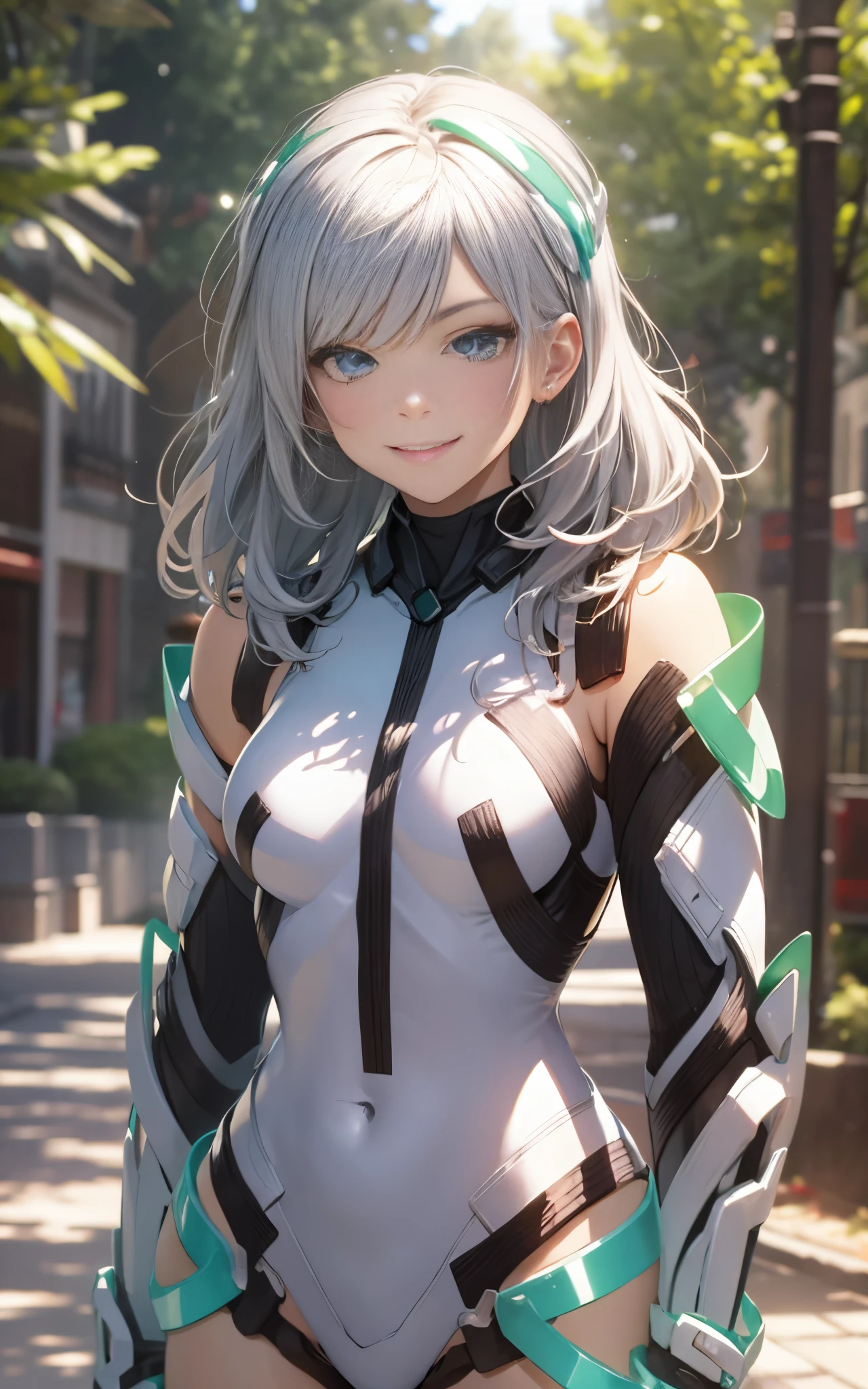 lightsmile, deva battle suit, Outdoors, Silver hair, bobhair, Blue eyes, waist shot