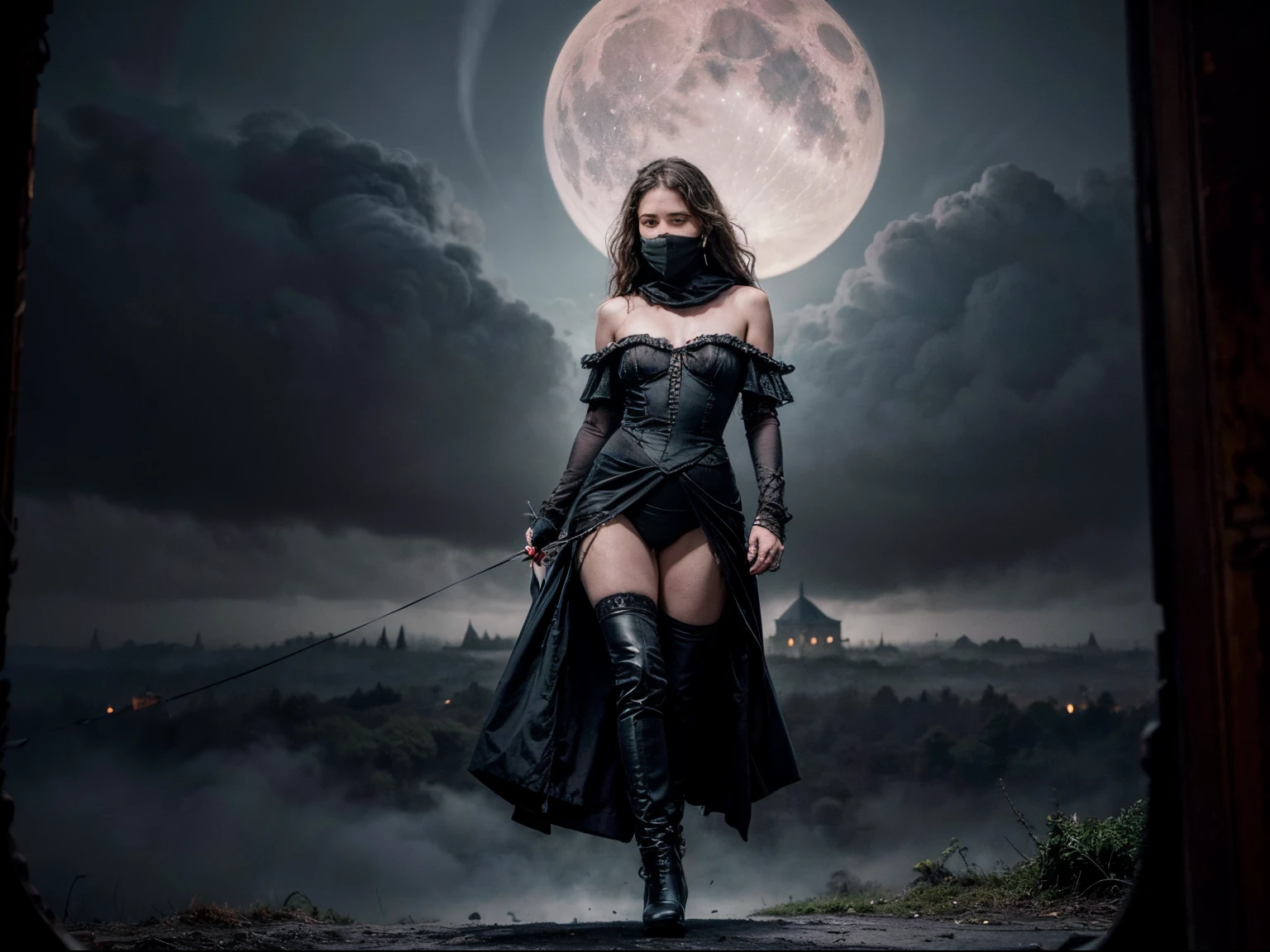 (64% of photo is black in drawing:1.4), (detailed fabrics:1.2), (early sunrise light:0.5), (Rembrandt lighting:1.3)the full figure of a dark fully draped female with a pale white oval mask on, glides through a gothic landscape, her black boots support her body, she runs towards a small cottage in the distance, the (cottage has a single yellow window lit in the darkness), mix 4, realistic, photo_\(medium\), solo, (masterpiece), (photorealistic: 1.3), ultra detailed, (high detail) skin: 1.2), (best quality: 1.0), (ultra high resolution: 1.0), (Orchan-6500: 0.3), wavy detailed hair, long dark hair, (blood moon light) blue haze, mist on moors, (beautiful detailed drapery and mask), (grey and moody: 1.3), mysterious haunting scene, movement captured of flowing drapery, (an extremely delicate and beautiful)), solo female、masterpiece、ultra detailed, accent lighting, high resolution、Farbe々Color、(grey clouds, dead trees, gothic castle ruins, spooky and eerie)), (strong presence )、a beautiful darkness (Highly detailed skin:1.2)、looking at the camera、(blushing_ embarrassed, drooling, aroused)、beauty, Digital SLR, Soft lighting, High quality, FujifilmXT3、Film Lighting、Dramatic、Taken behind branches, dark foreground that focuses camera to dark draped figure of woman, William-Adolphe Bouguereau painterly landscape, trance, attractive、A lovely smilel、having good time, date、quickie, entranced, flirting fun with me., cozy playful, (intimate relaxed style photoshoot)