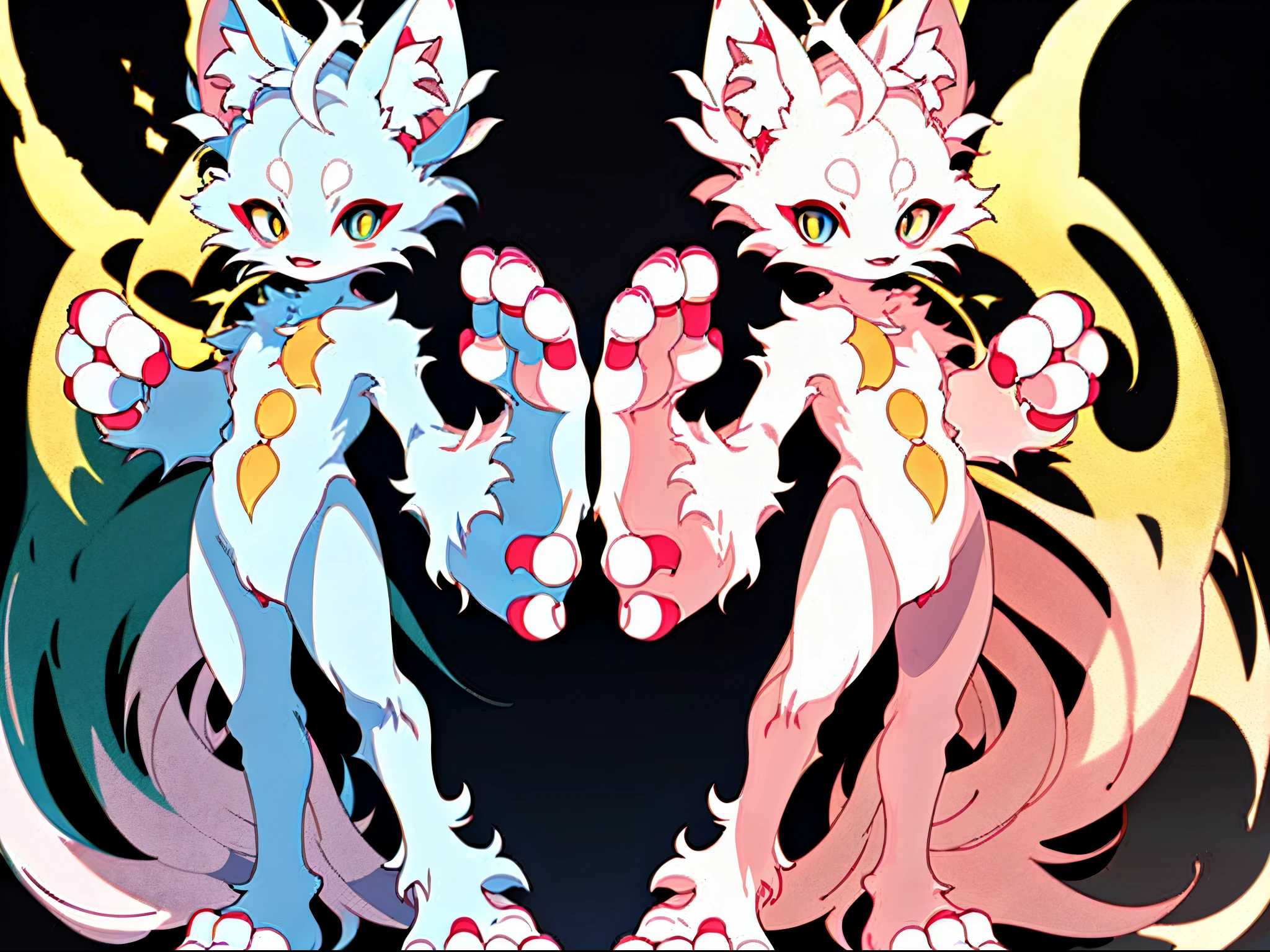 Furry white tiger, Forelimb Hands Hindlimb Legs and Feet Standing Shota  Overall White Head, arms, body, legs with bluish black pattern, whole body, pink flesh pad, eyes and pupils yellow, furry, no clothing, two ears, divine atmosphere