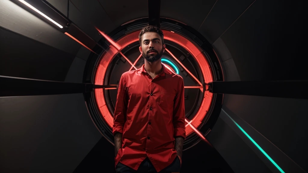 Handsome boy with beard realistic face neon laptop bacground 8k ultra