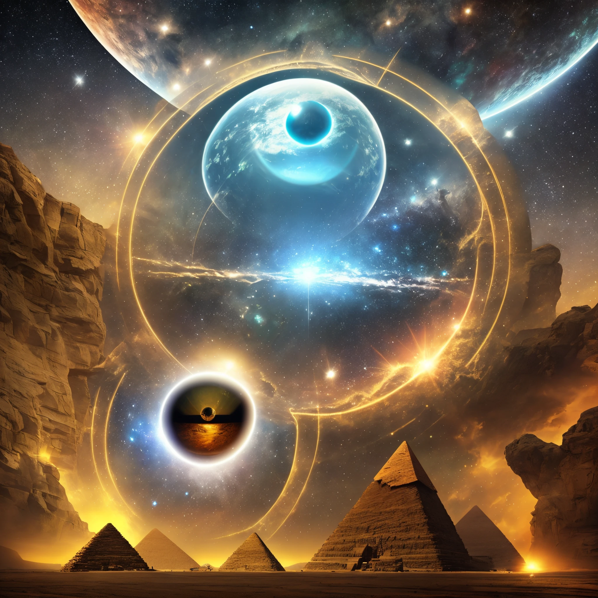 I want you to make the image clearer, and place two aliens observing the earth from outside, with some more images, such as IMF symbols, third eye, pyramids, eye of orus