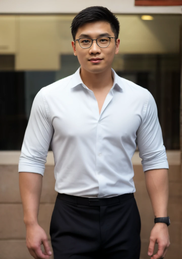 Andrew thomas huang, oval face, eyeglasses, neat muscular, unbuttoned shirt