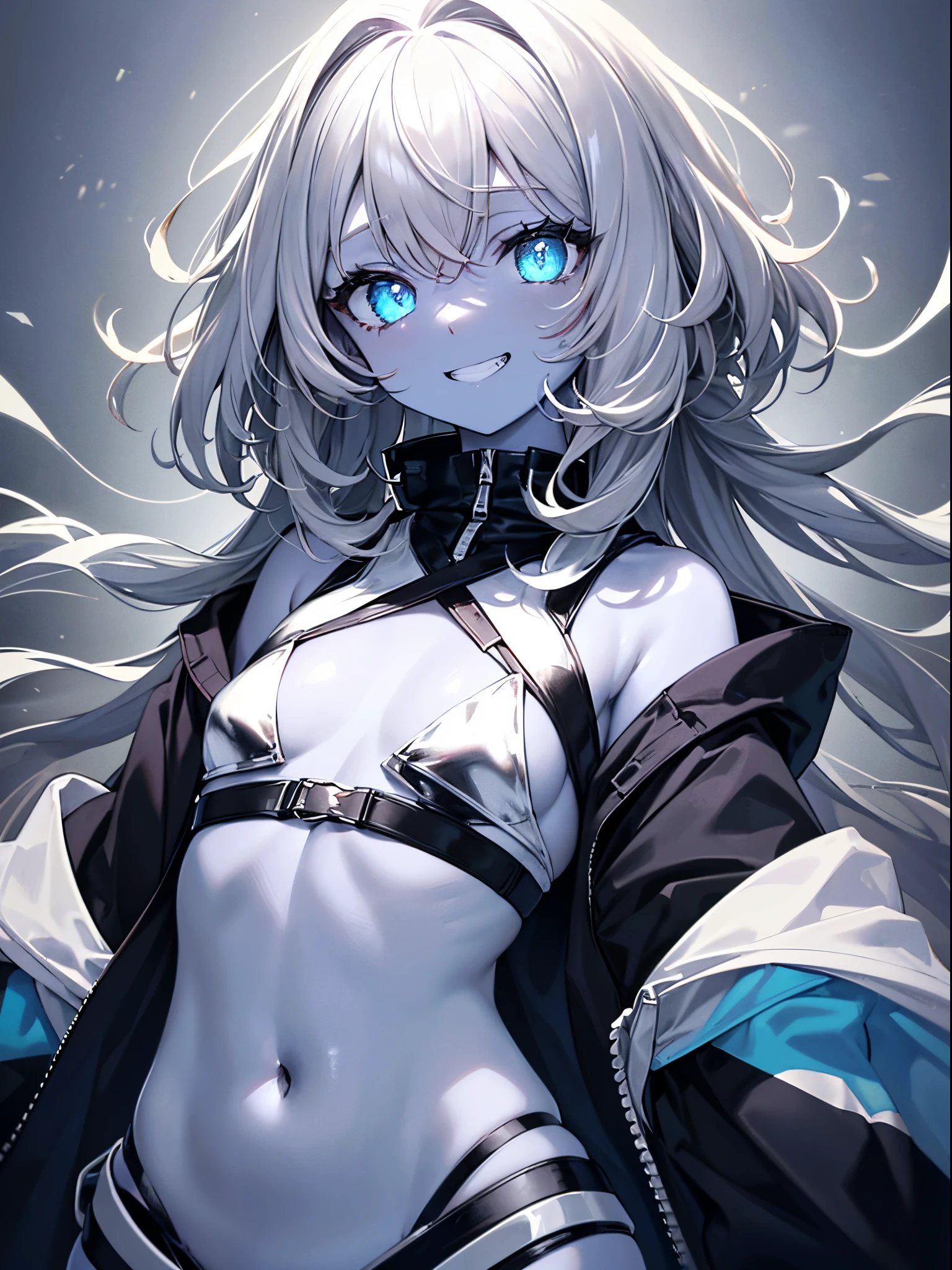 (tmasterpiece,Best quality,ultra - detailed),1 busty girl,Perverted giggle, glowing light eyes,white colors、silver sound、grey and black hair,curlies,(messy hair style),their's angle,Crop top, jaket,(colored skin,Blue-gray skin), beautiful and detail face, A detailed eye,((small)),Small under the chest,