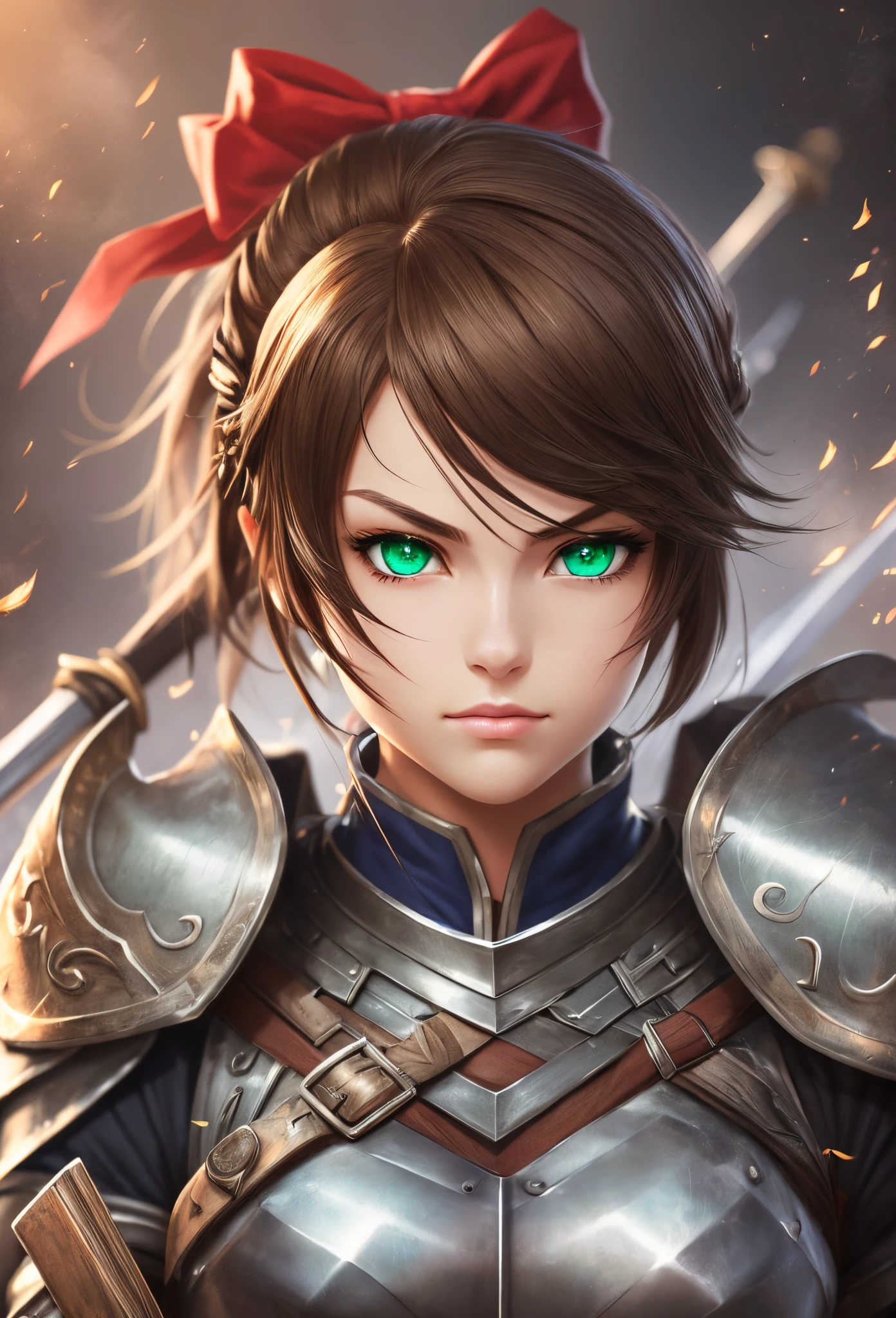 best quality,ultra-detailed,vivid colors,realistic,highres,professional,female knight,short brown hair,green eyes,beautiful detailed face,metal bow on her head,heavy armor,strong and confident posture,red pants,silver greaves,holding a long and heavy sword,role-playing game environment,sword art online style,immersive lighting,sharp focus --auto --s2