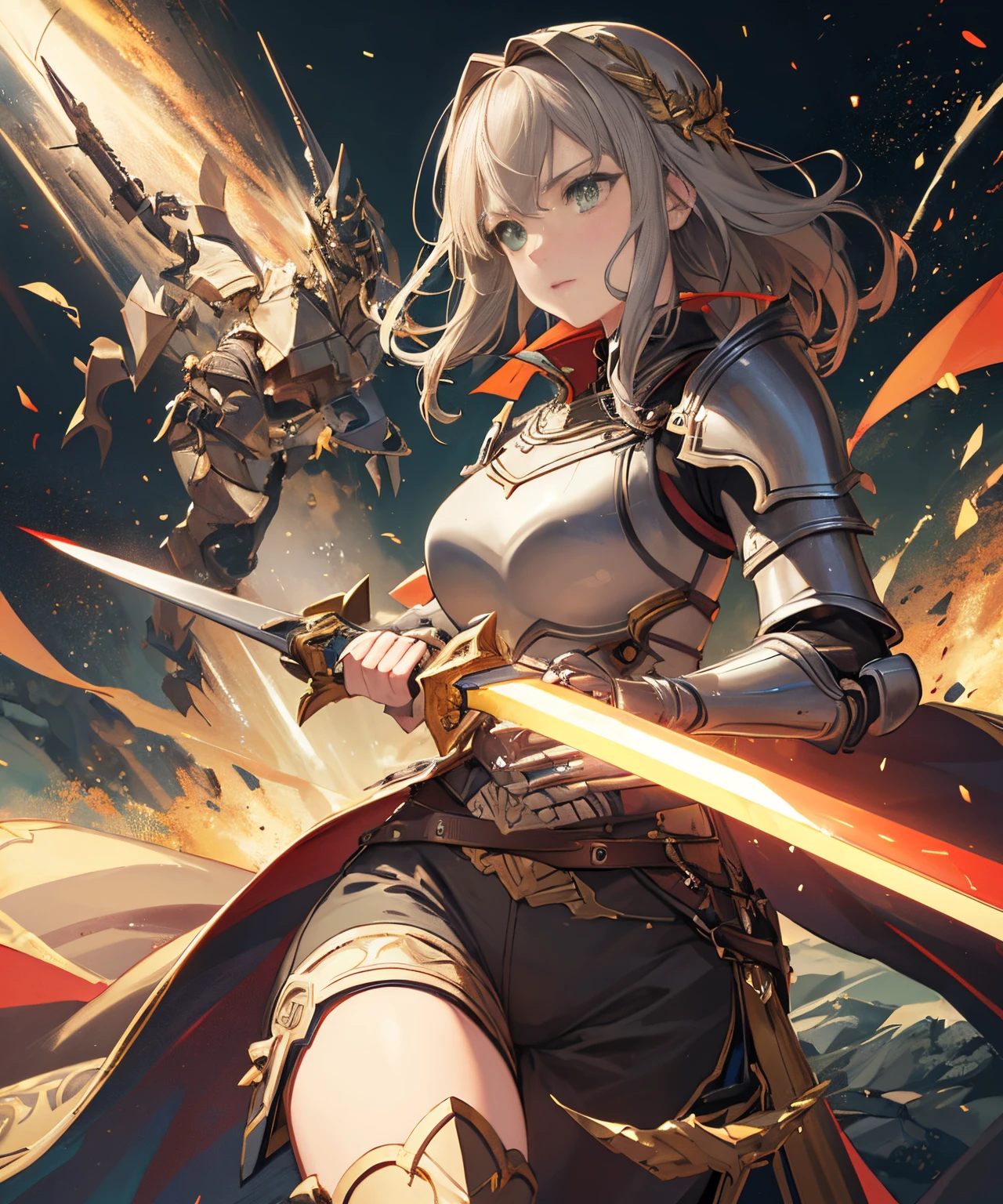 best quality,ultra-detailed,vivid colors,realistic,highres,professional,female knight,short brown hair,green eyes,beautiful detailed face,metal bow on her head,heavy armor,strong and confident posture,red pants,silver greaves,holding a long and heavy sword,role-playing game environment,sword art online style,immersive lighting,sharp focus