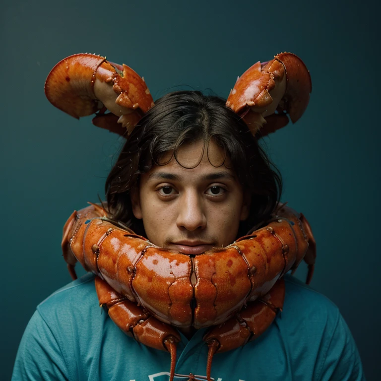 (best quality, masterpiece), a lobster turning into a human, upper body, looking at the viewer, hungry, Patrick Mahomes, teal background