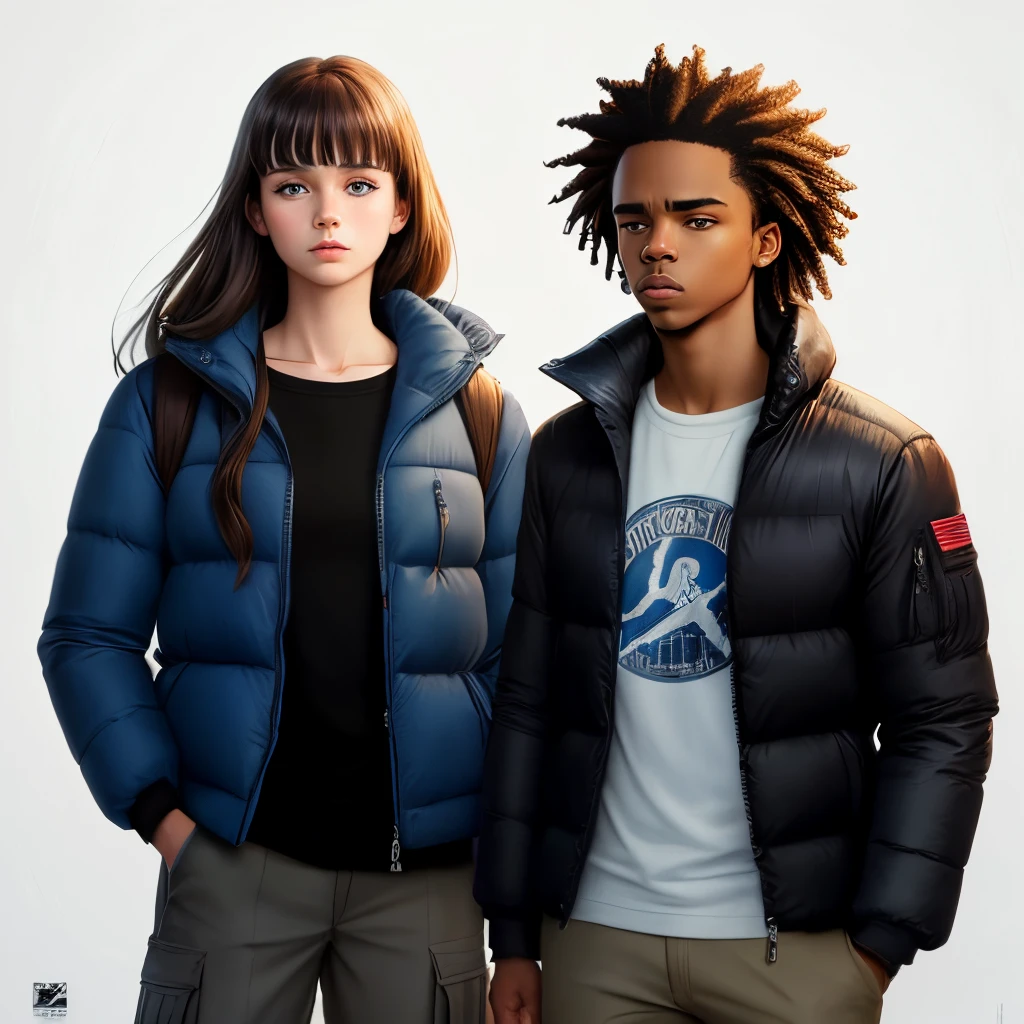 create a boondocks inspired movie poster of white girl with straight, long dark brown hair and bangs blue eyes and long lashes and serious face with black puffer jacket, grey cargo pants, and jordan 4 black canvas
