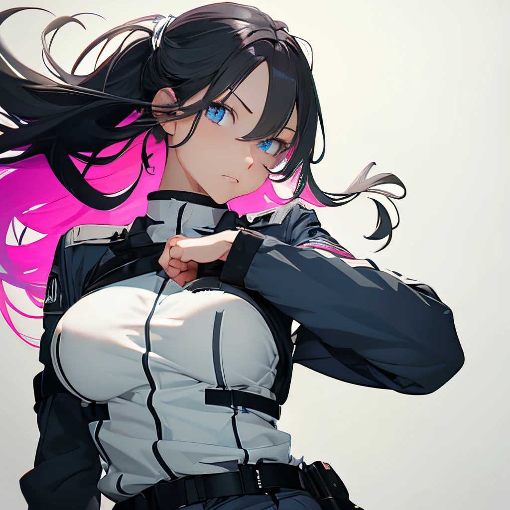 (masutepiece:1.2, Best Quality), 1 girl in, Blue eyes, jet-black hair, Pink inner hair, blue military uniform,(Gray white background:1.5),Full body,Big Breast,