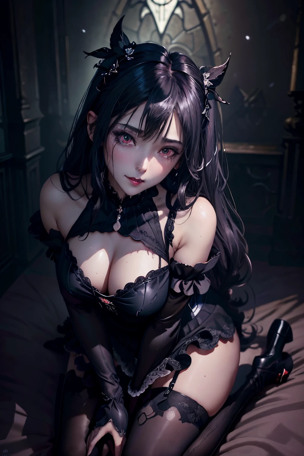 Hard Dark Gothic Makeup、Maniacal、Deep night sky、horor、Black Dark Eyeshadow、crying how bright、mourn、Good skin luster、Long hair straight hair、Dark Gothic Makeup、Dark smile、Restless Palace、Expressions of sexual arousal、Fragrant beauty、22year old、Lying、seductiv、Strong sexual pleasure facial expressions、A look of shame、Dark Gothic、Gothic lolita、bell sleeves、Wizard Sleeve、Obscene look、Stained glass background、masutepiece、Best Quality、Refers to 5 books、Sweat glitters on my chest、Expression of sexual pleasure in anguish、Drunken face、maid clothes、Mysterious、noble、Face holding back the toilet、flirty gothic loli clothes、the body is wet and shiny、Transcendent sex appeal、Lots of glitter on the thighs、I'm sweating a lot、Affectionate smile、twin-tail hair、my thighs are so wet、jet black ruffle skirt、Shaded、blue eye on the right, Red eye on the left、Gothic bed covered with roses、Transcendent Bewitching Pose、all fours pose、Gravure photography、Arch the back、stick out buttocks、Sleep with your eyes closed、Pose、Crawling on all fours、pose on bed、knee high socks、thigh-high socks、A lot of sweat and stickiness on the thighs、Lots of sticky shiny thighs、Sweat shining generously on the thighs、The whole body is shiny with sweat、Glamour、A sexy、platform heel shoes、Quite sweaty、My thighs are sweaty、mysterious dark makeup、Breast size is modest、black lipstick、Heavy dark gothic long dress、Make your thighs more glamorous、dark pink hair、stain glass、black metal world、sloppily open your legs、