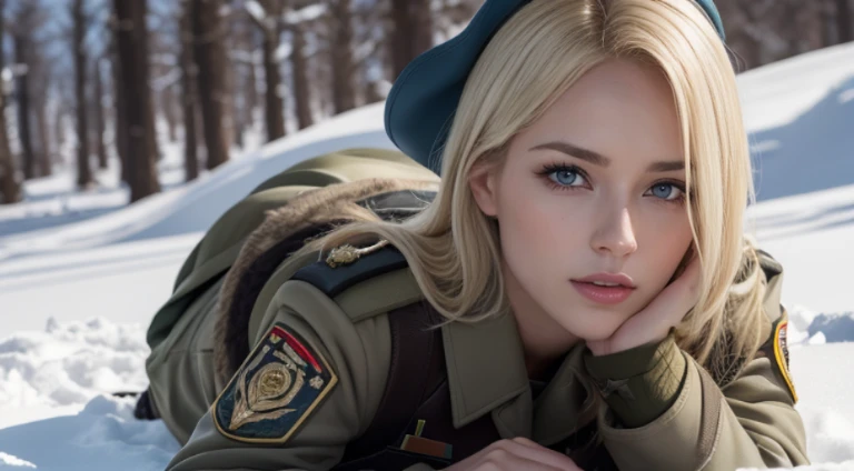 (best quality,4k),(melhores detalhes),(ultra realistic),Kai'sa, soldado russa mulher segurando um fuzil moderno. The woman is beautiful, she is very beautiful, she is blonde and has blue eyes, and is wearing a white Russian military uniform camouflaging himself with the snow around him. His rifle is also white and is very detailed..