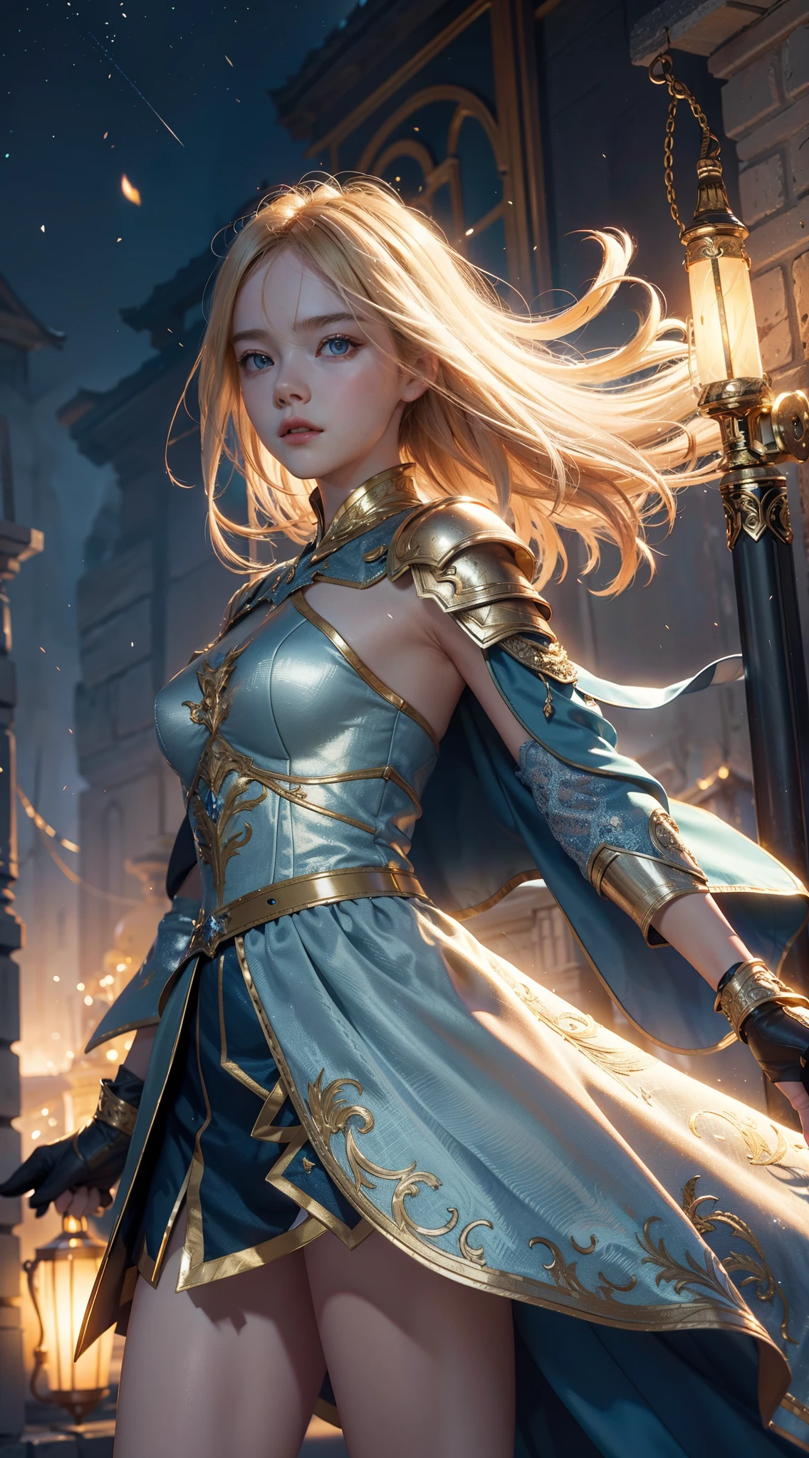 Elle Fanning,8k,ultra-detailliert, masterpiece, top-quality, (ighly detailed), dynamic ungle, Mystical Emoji, Wind-effect, Fantasy Background, edgelighting, ciinematic light, 超A high resolution, 8K Ultra HD, film grains, Best Shadows, sensitive, RAW, Particles of light, detailed skin textures, detailed armor texture, A detailed face, intricate detailes, ultra-detailliert, with light glowing, strong con, golden armour, (grip hammer), smash, Smash Action, Driving cage, radiant eyes、long cloak、Fantasia、(realisticlying)、shoulder armer、Convoluted、Convoluted、fully illuminated、Eat ice cream and watch the audience、电影灯光、flying though the air、are flying、Holy Light、Brilliant、bangss、the wind