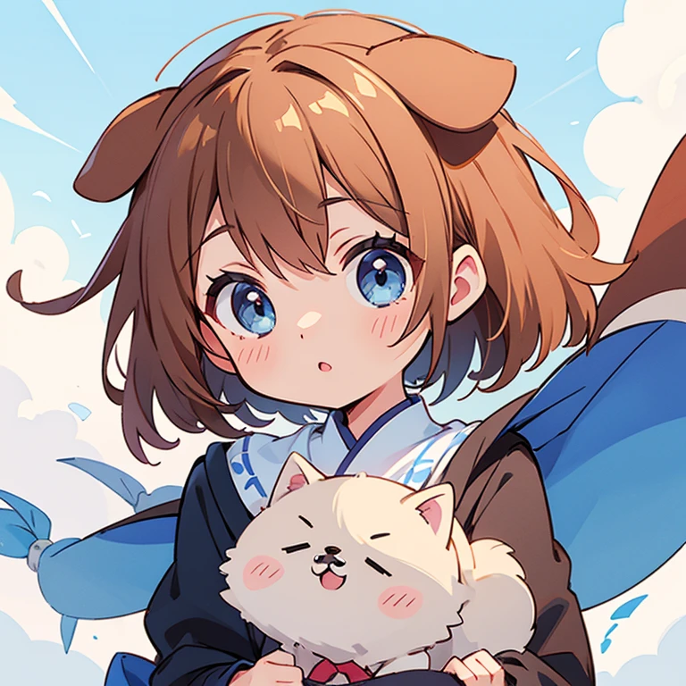 ultra-quality, masutepiece, animesque、Dog-eared, blue-eyed woman with light brown hair