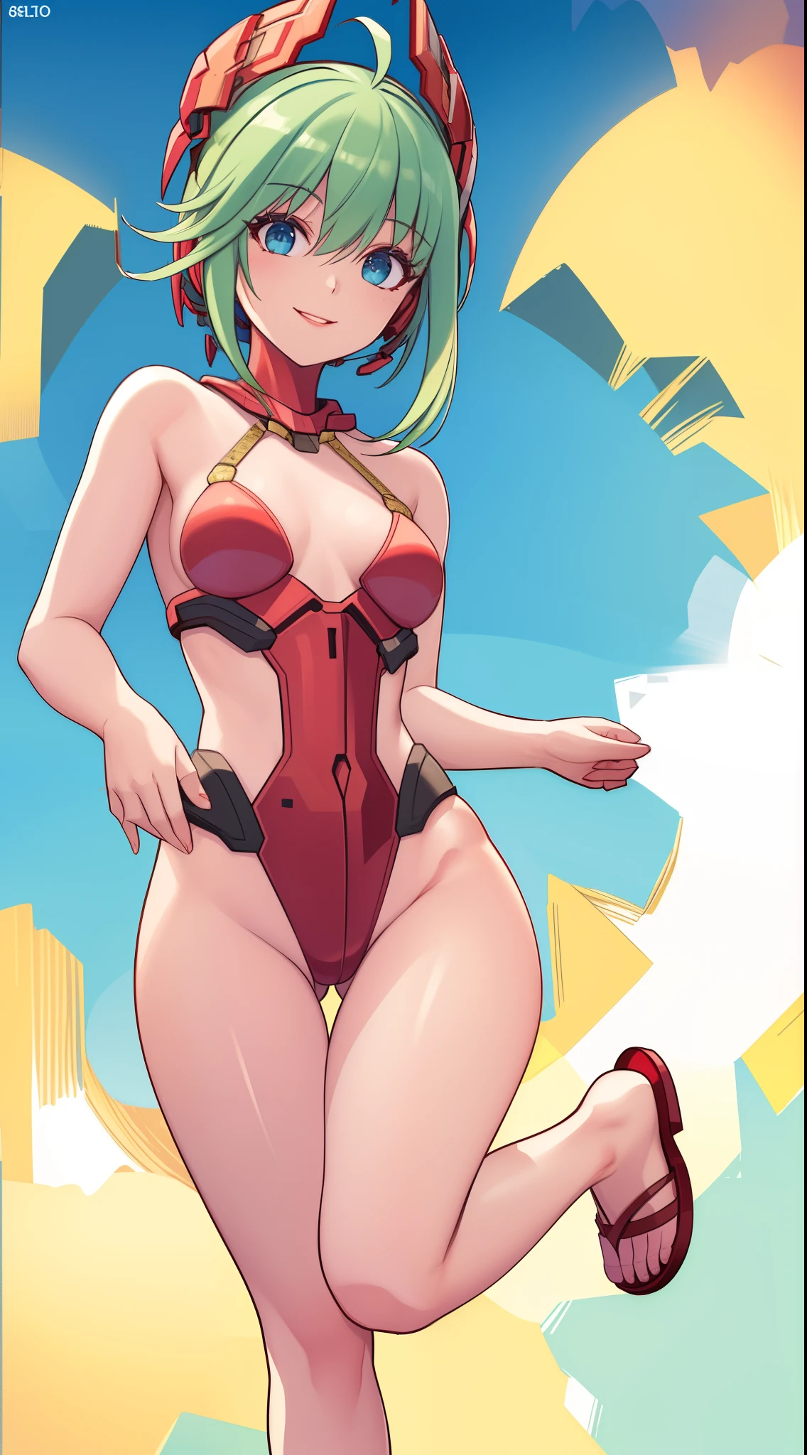 (best quality,4k,8k,highres,masterpiece:1.2),ultra-detailed,realistic,beautiful detailed eyes,beautiful detailed lips,extremely detailed eyes and face,long eyelashes,red bikini,green hair, short hair,blue eyes,red mecha headgear, small waist, skinny legs, small breasts,smiling,piscina,sharp focus,vivid colors, full body, sun light in front, red sandals