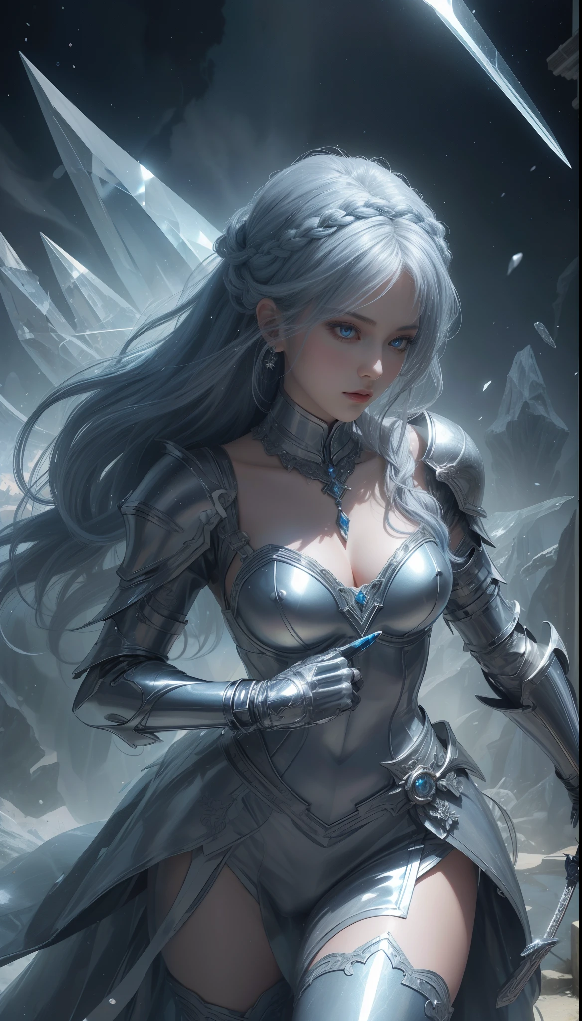 tmasterpiece,Highest image quality,,Beautiful female knight full body portrait,Exquisite blue braid hairstyle,Clear eyes,The sword,armour,crystal,Ultra-detailed details,advanced。At the Pixiv Art Station,Break your own power,Luigi,Big breasts exposing cleavage,R-18G