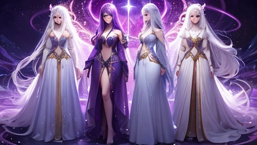 (master piece), close up, highlighting half body, close up of a woman with long hair, curly hair, (white hair), and a purple dress, Anime Girl with cosmic hair, beautiful digital art, beautiful digital art, beautiful ( purple garment) beautiful digital art, Beautiful Art UHD 4K, beautiful digital art, illuminated, (atmospheric lighting), Highly detailed 4k digital art, beautiful fantasy art portrait, beautiful fantasy art, fantasy digital art, Goddess of the Galaxies, detailed skin, face details, ((platinum hair))Digital art, ((character concept)) detailed in 4k, detailed beautiful face.