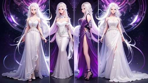 (master piece), close up, highlighting half body, close up of a woman with long hair, curly hair, (white hair), and a purple dress, Anime Girl with cosmic hair, beautiful digital art, beautiful digital art, beautiful ( purple garment) beautiful digital art, Beautiful Art UHD 4K, beautiful digital art, illuminated, (atmospheric lighting), Highly detailed 4k digital art, beautiful fantasy art portrait, beautiful fantasy art, fantasy digital art, Goddess of the Galaxies, detailed skin, face details, ((platinum hair))Digital art, ((character concept)) detailed in 4k, detailed beautiful face.