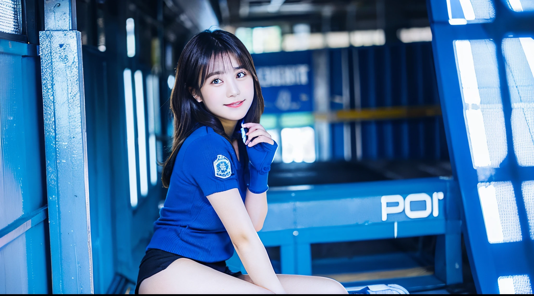 Cute female police officer, 18 years old, wearing a blue miniskirt