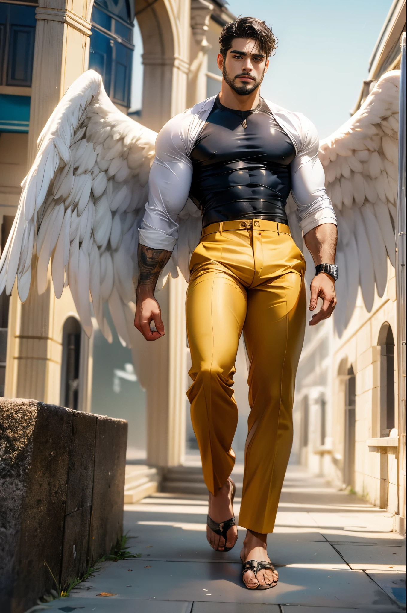 1 protagonist character, young handsome, LatinLover OC, mulatto skin, attractive feature, skin tanned, blue eyes, demanding expression, big white wings coming with the backpack, 2 wings of angel, physical fitness, man long haircut medium, black brown hairstyle, small beard, men's clothes, casual shirt,complete outfit, anatomically correct, full body tattoo´s, environment: street