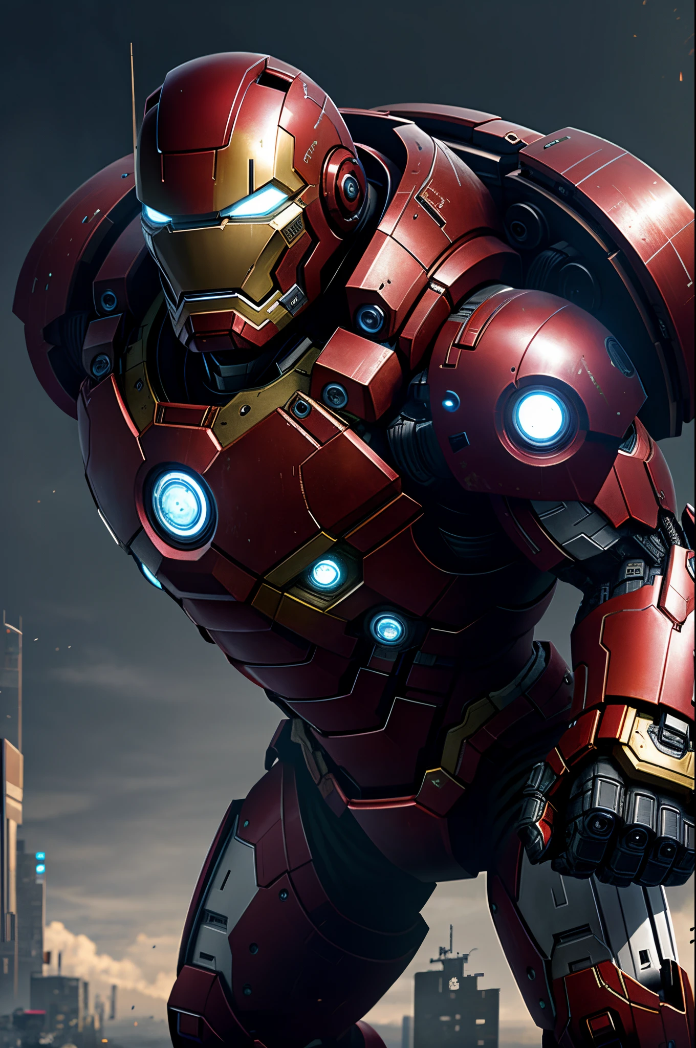 Android like marvel's hulkbuster, Cyberpunk, 8k, with helmet like ironman, with armor full white and black color