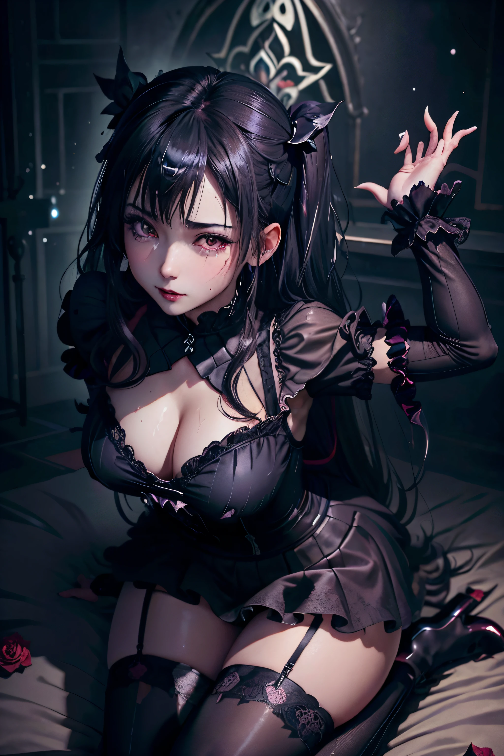 Hard Dark Gothic Makeup、Maniacal、Deep night sky、horor、Black Dark Eyeshadow、crying how bright、mourn、Good skin luster、Long hair straight hair、Dark Gothic Makeup、Dark smile、Restless Palace、Expressions of sexual arousal、Fragrant beauty、22year old、Lying、seductiv、Strong sexual pleasure facial expressions、A look of shame、Dark Gothic、Gothic ta、bell sleeves、Wizard Sleeve、Obscene look、Stained glass background、masutepiece、Best Quality、Refers to 5 books、Sweat glitters on my chest、Expression of sexual pleasure in anguish、Drunken face、maid clothes、Mysterious、noble、Face holding back the toilet、flirty gothic lolithes、the body is wet and shiny、Transcendent sex appeal、Lots of glitter on the thighs、I'm sweating a lot、Affectionate smile、twin-tail hair、my thighs are so wet、jet black ruffle skirt、Shaded、right blue eye, left eye is red、Gothic bed covered with roses、Transcendent Bewitching Pose、all fours pose、Gravure photography、Arch the back、stick out buttocks、Sleep with your eyes closed、Pose、Crawling on all fours、Posing on the bed、knee high socks、thigh-high socks、A lot of sweat and stickiness on the thighs、Plenty of plump, shiny thighs、Sweat shining generously on the thighs、The whole body is shiny with sweat、Glamour、A sexy、platform heel shoes、Quite sweaty、My thighs are sweaty、mysterious dark makeup、breast size modest、black lipstick、Heavy dark gothic long dress、Makes your thighs look more glamorous、dark pink hair、stain glass、black metal world、sloppily open your legs、